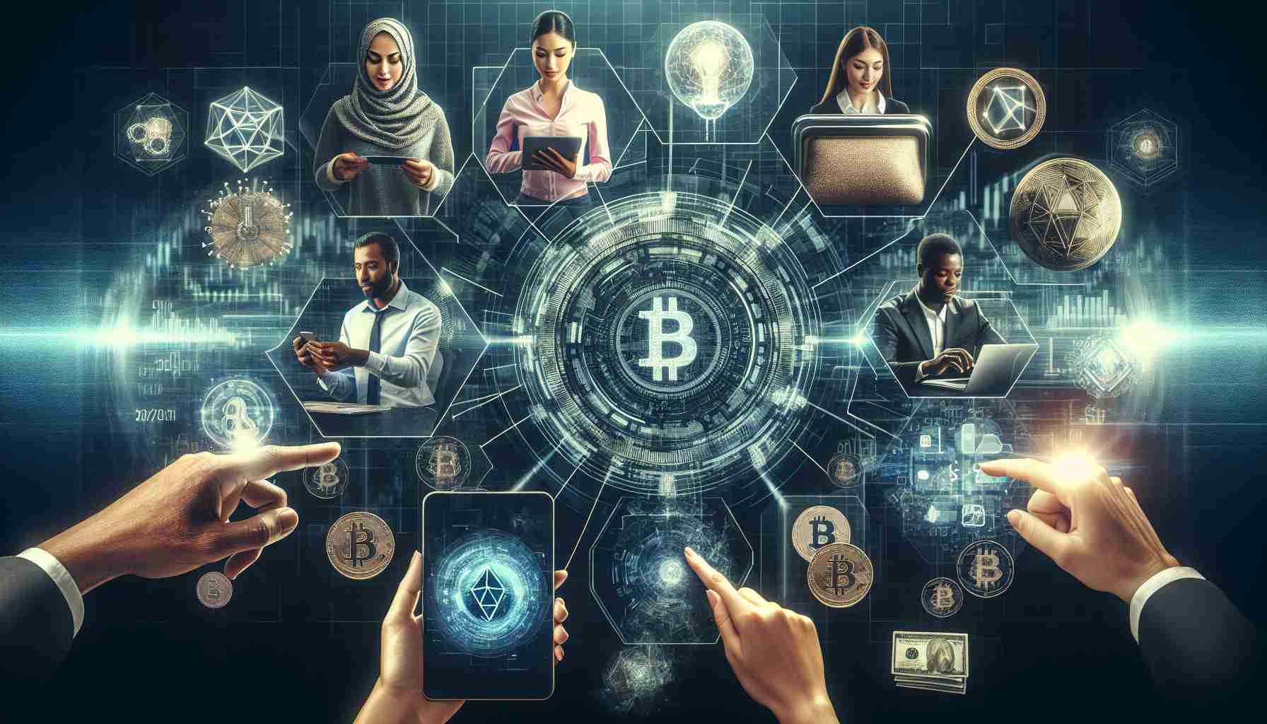 Generate a high-definition, realistic image depicting the future of digital finance. Visualize advanced futuristic technologies like blockchain, cryptocurrencies, digital wallets, and online banking. Also, make sure to include people from different descents interacting with these technologies; for instance, a Middle-Eastern woman conducting a transaction on her smart device, and a Black man viewing his cryptocurrency portfolio. Add elements of AI-assisted finance too, like robo-advisors or predictive analytics systems.