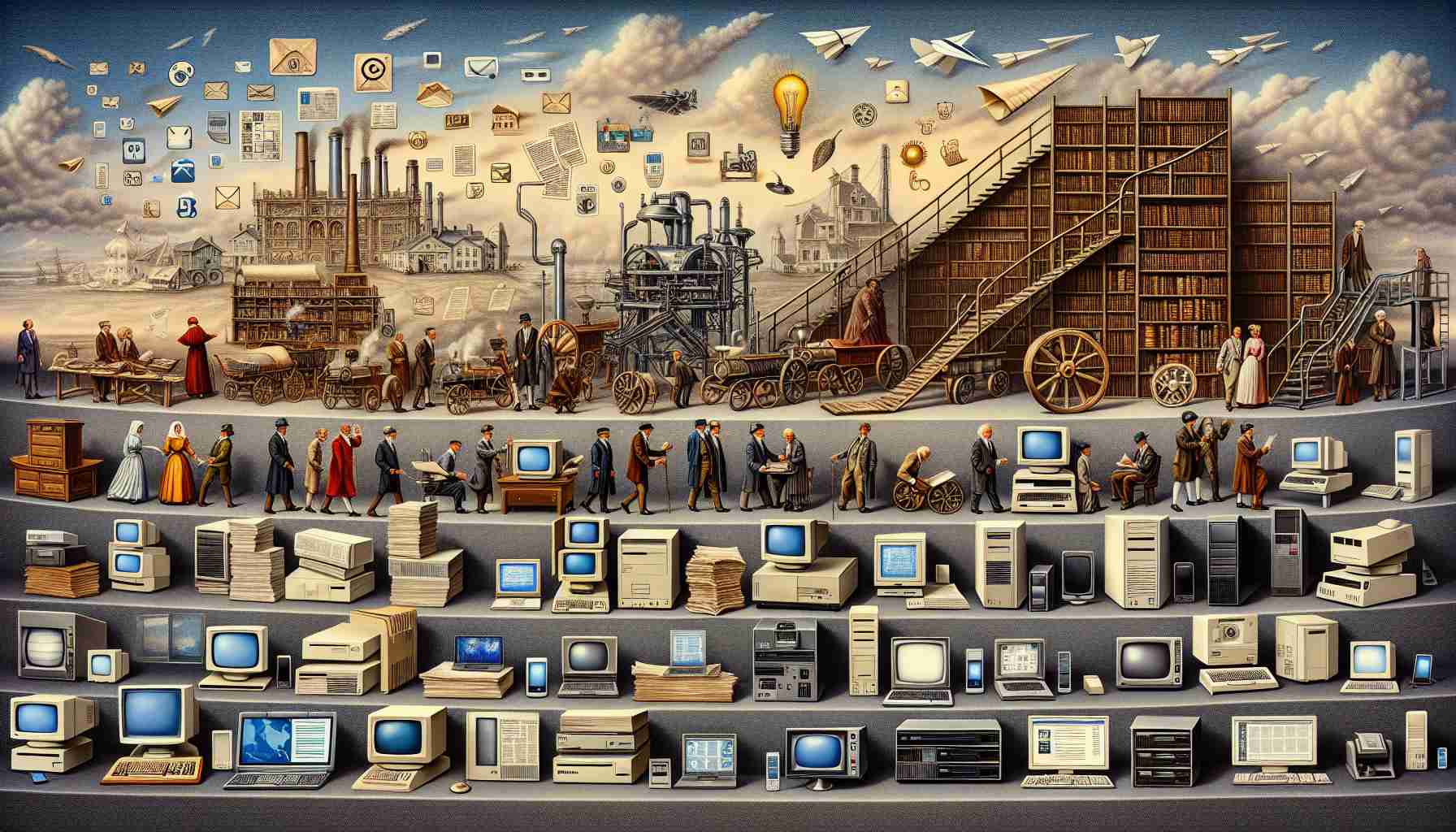 Depict a realistic high-definition panorama of the evolution of information networks. Begin with an ancient library representing old information sources, with parchment scrolls and ancient books stacked up. Transition this to a scene of an old printing press in operation, churning out newspapers. Then depict the mid-20th century with large computers and servers with blinking lights. Following that, introduce the development of the internet era, complete with images of early network cables, modems, browser logos on CRT monitors. Finally, show the modern era with ultra-thin laptops, smartphones and tablets, and symbols representing cloud computing, AI, machine learning, and big data. Each era should subtly blend into the next, signifying the continuous and evolving nature of information networks.