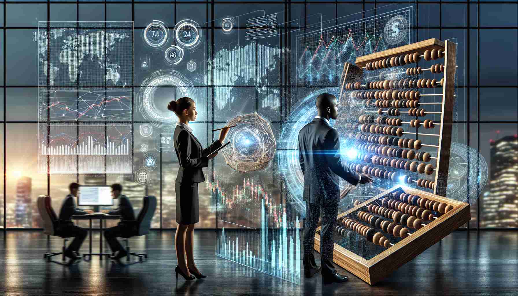 Detailed and high-resolution image of a conceptual representation illustrating the revolution of the insurance industry through advanced technology: In the foreground, a Caucasian woman and a Black man, dressed professionally, analyzing interactive 3D holographic data charts displaying risk assessment figures that float in the air in front of them. In the background, high-tech servers and computer screens glow with complex predictive analysis algorithms. Symbol of change is an ancient wooden abacus morphing into a modern supercomputer. The setting is a sleek, modern office with large windows overlooking a city skyline at dusk.