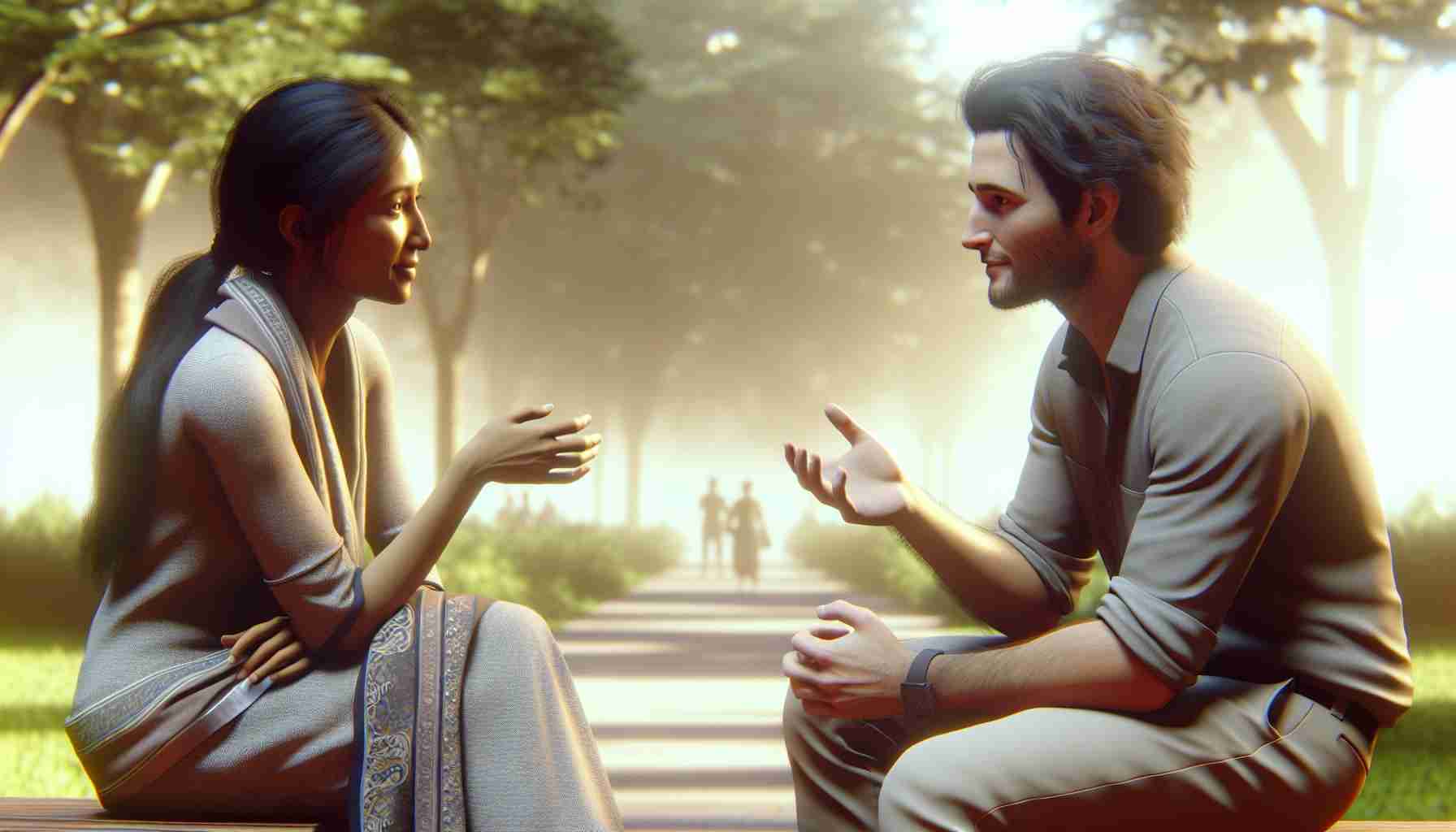 Generate a realistic HD image that represents the power of dialogue in shifting beliefs. This could be depicted by two people of different descents, for example, a South Asian woman and a Caucasian man, engaged in deep conversation amidst a peaceful environment, perhaps a park. Their facial expressions should suggest openness, understanding, and respect for each other's perspectives. They are in the midst of a lively discussion that reveals negotiation, compromise, and mutual understanding. Titled: 'The Power of Dialogue in Shifting Beliefs'.