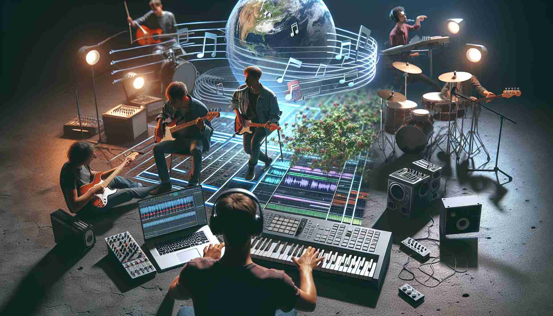 A high definition, realistic photo that strings together scenes of music creation in the digital age. Start from the left with a musician composing melodies on an electric keyboard, followed by another musician laying down beats on a drum machine. Show a person in the center, editing the music on a laptop with Digital Audio Workstation software. Then, a musician with a MIDI controller on the right creating electronic sounds. Final scene at the far right of an artist releasing their music online, receiving digital applause from global virtual audience.