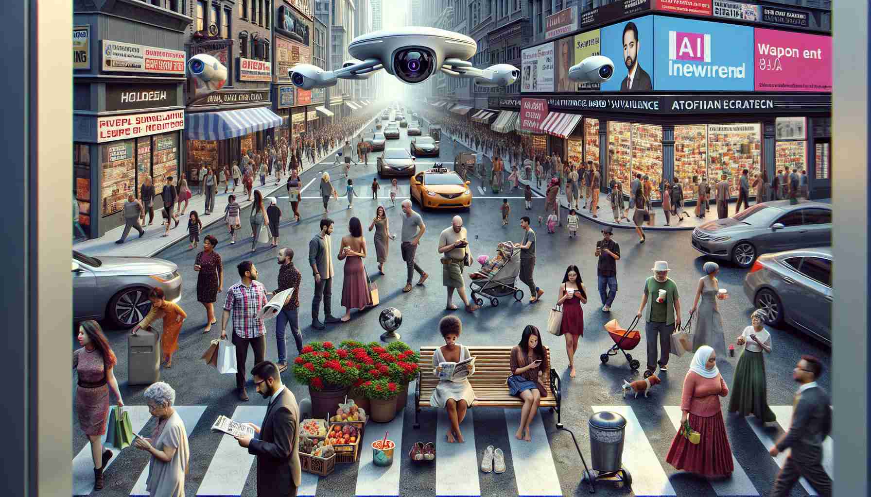 High-definition, realistic image showcasing the impact of Artificial Intelligence-based surveillance on society. Picture a bustling city street, teeming with rich diversity. Pedestrians of all descents and genders are going about their day-to-day activities - a Caucasian female buying fresh flowers, a Black male reading a newspaper on a bench, a Hispanic woman enjoying an ice cream cone, a Middle Eastern man hailing a taxi, and a South Asian woman walking her dog. Above them, futuristic drones, equipped with advanced cameras, hover, scanning the area, personifying the omnipresence of technological surveillance. There is wide-screen electronic billboard showing news related to AI, possibly hinting at the polarizing debates about privacy versus security.