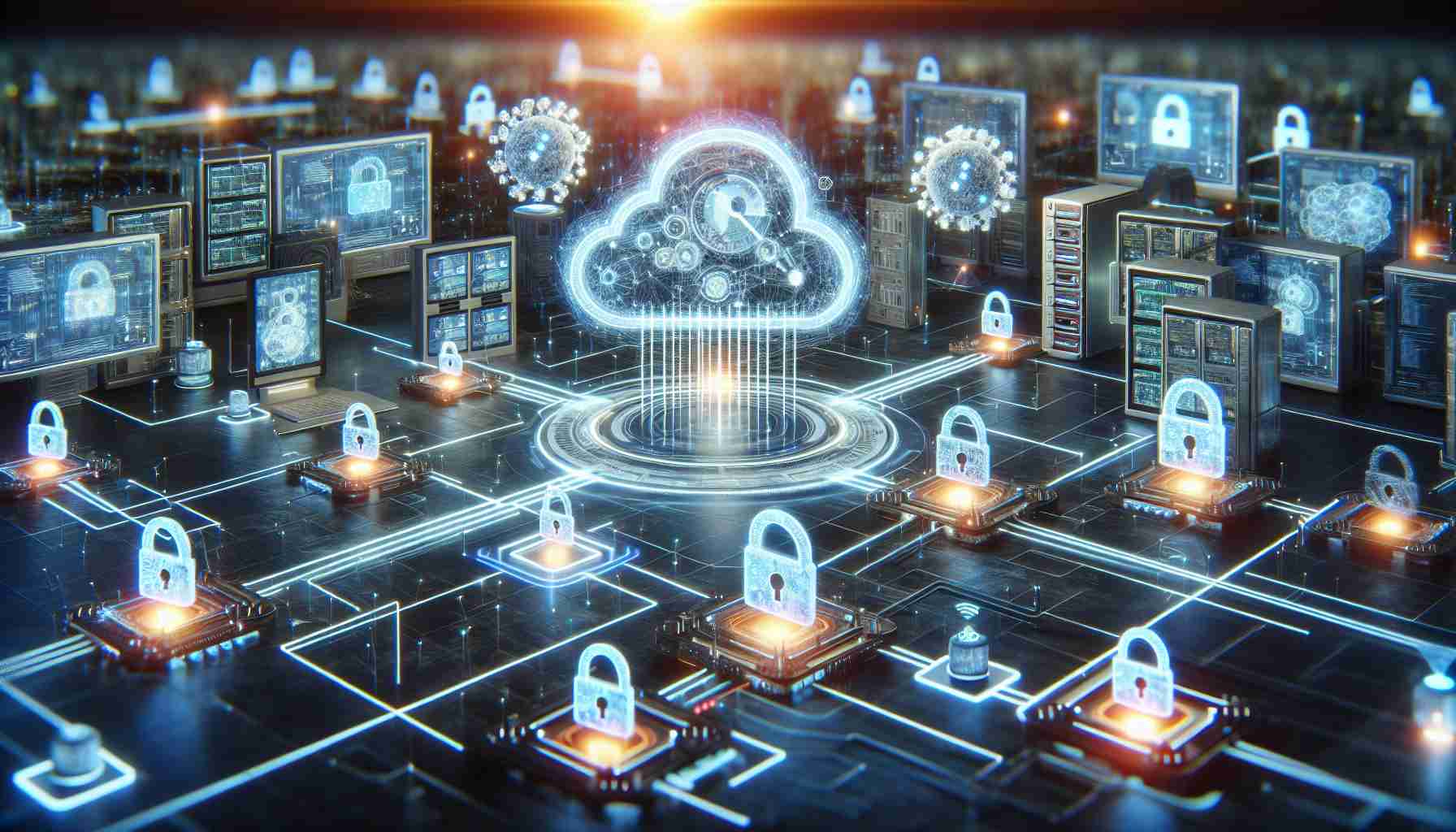 A high-definition, photorealistic image conceptualizing the integration of advanced artificial intelligence into Internet of Things security. The scene could include myriad futuristic devices interconnected, showcasing secure data transfer. This could be represented by glowing lines of code or locked symbols. There should also be visual indications of AI integration, such as abstract machine learning models or digital neural networks overlaid or infusing the devices.