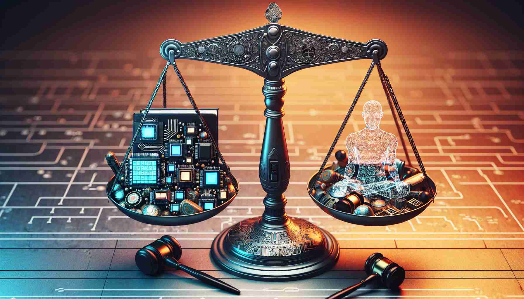 A detailed, high-definition image depicting the concept of balance between innovation and regulation in the artificial intelligence industry. This could be represented through a large scale with two pans, one containing various symbols of artificial technology such as futuristic chips, human-like robots and complex codes, while the other pan holds a regulatory book and a gavel to symbolize law and order. The scale should be beautifully balanced, illustrating a harmonious connection between the two vastly different elements.