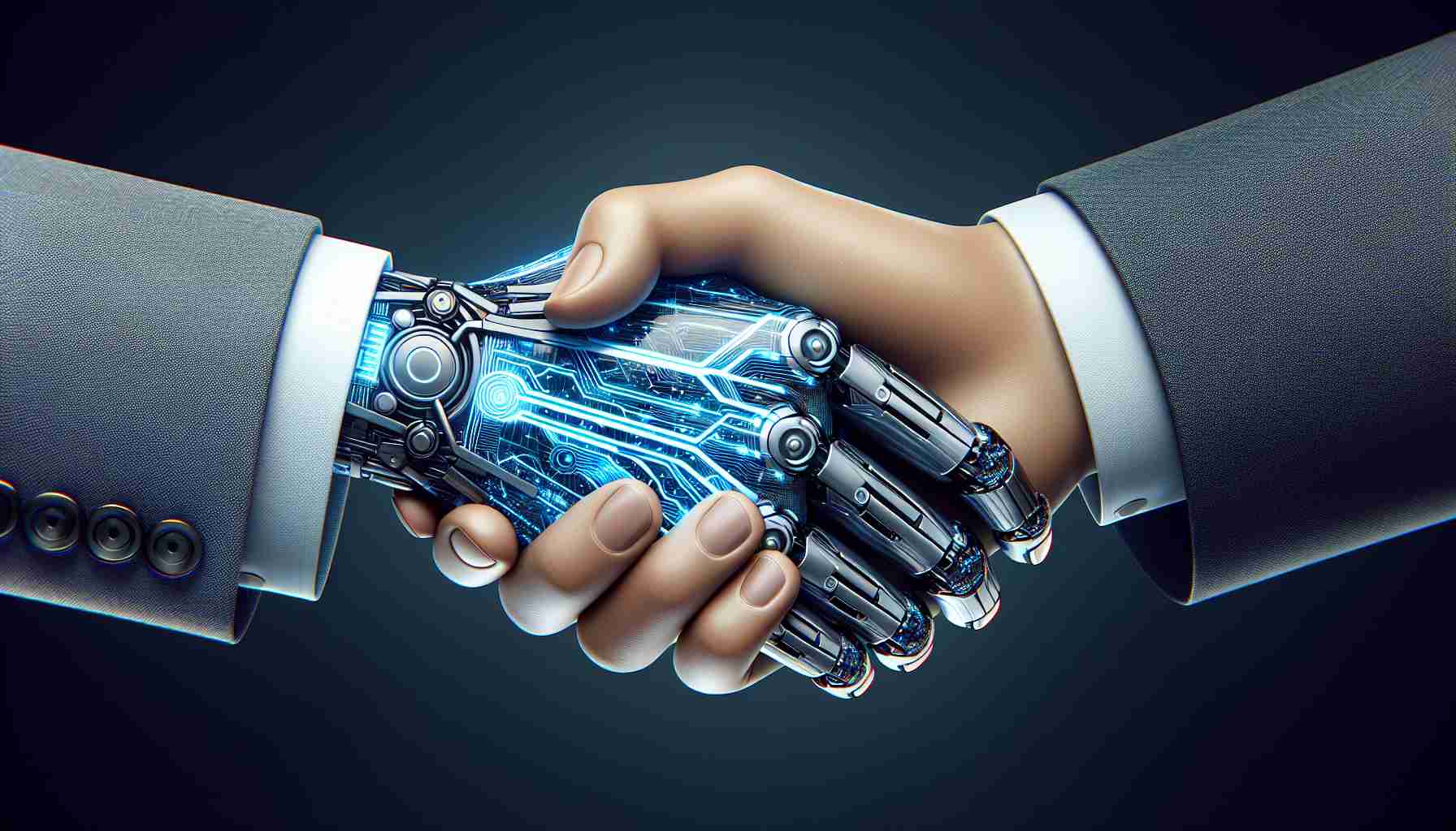 Realistic, high-definition image of a symbolic representation of a new collaboration between an advanced artificial intelligence company and a renowned global tech enterprise. This can be depicted with two hands coming together for a handshake, where one hand has a solid, corporate appearance symbolic of a tech enterprise and the other is subtly integrated with advanced technology, representing an artificial intelligence company.