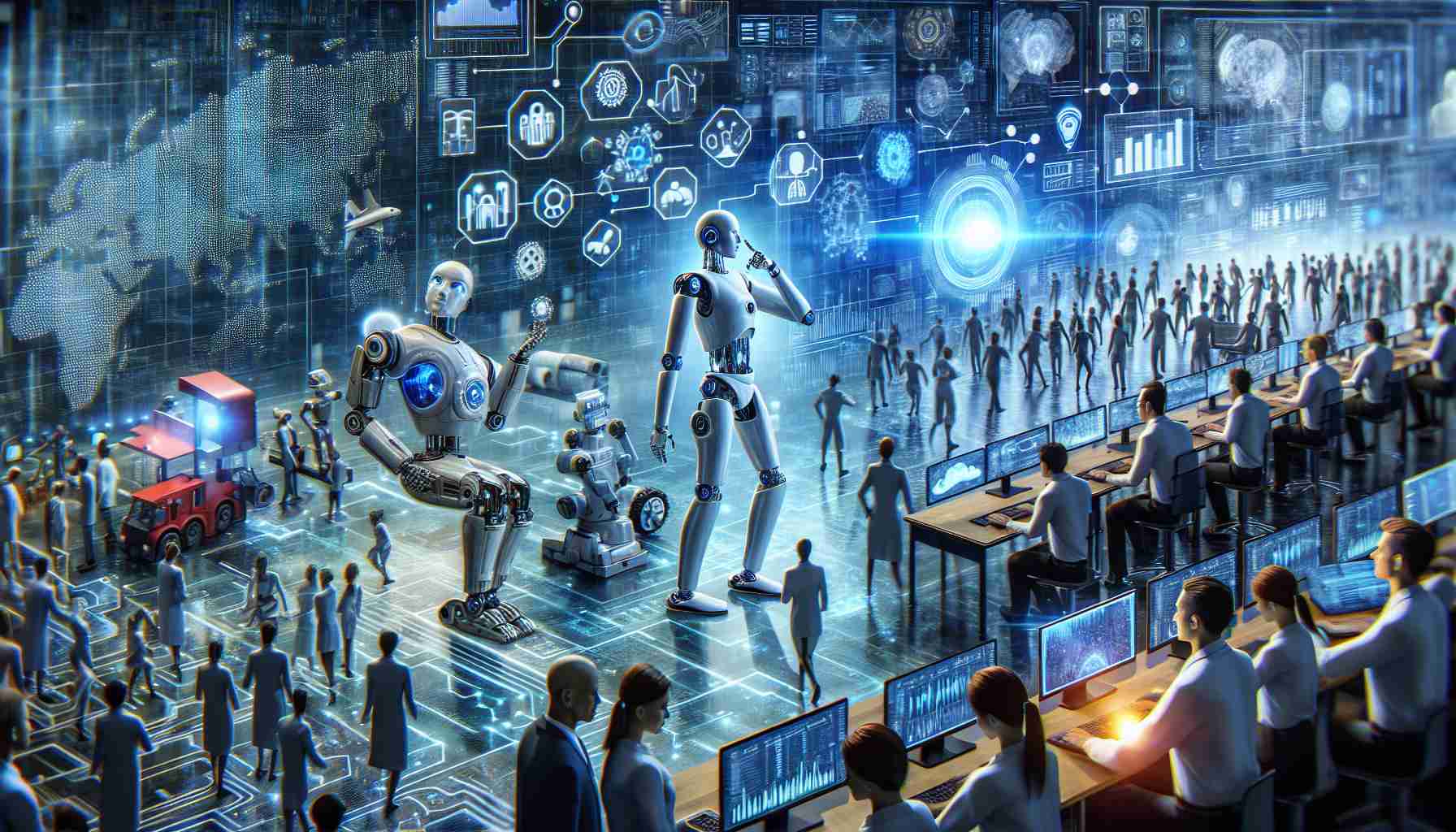 A high-definition, realistic image demonstrating the influence of artificial intelligence in the technology industry. Highlight key areas like machine learning algorithms, data analytics tools, and smart technology interacting in a busy and advanced technological environment. Roles such as robots performing precise tasks, software developers working on AI-oriented applications, and decision-makers analyzing data on futuristic screens can be depicted, showcasing the breadth and depth of AI's impact on the tech industry.