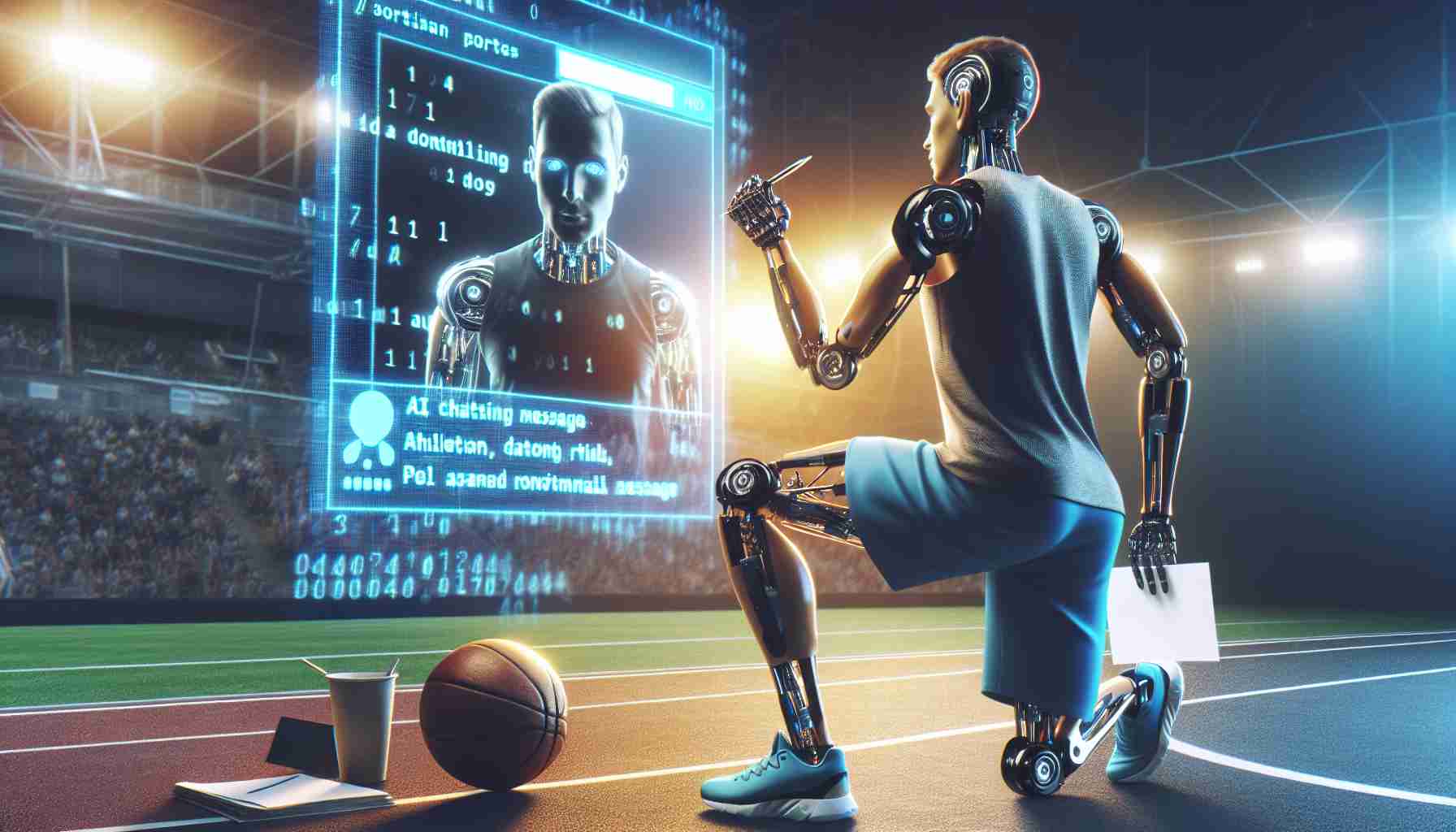 Generate a realistic HD photo showcasing a discontinued advertisement for a global sports event. The ad features a concept where an AI chatbot is writing a motivational message to a generic athlete. Please, convey a sense of technology and athleticism.