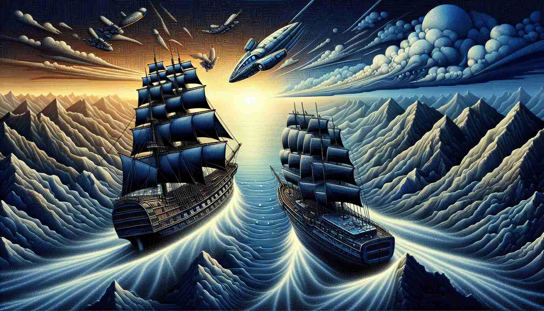 Detailed and high-definition art depicting the representation of two prominent tech companies, symbolized as navigators in an unfamiliar, competitive landscape. The first organization, a respected tech giant known for its software, is symbolized as a massive, stately ship skillfully navigating the waters. The second, an innovative artificial intelligence organization, is represented as a sleek, futuristic spacecraft soaring above the waters. Both the ship and the spacecraft are guiding through a dense and dynamic landscape filled with mountains, valleys, and obstacles, symbolizing competitive challenges and opportunities in a technologically driven market.