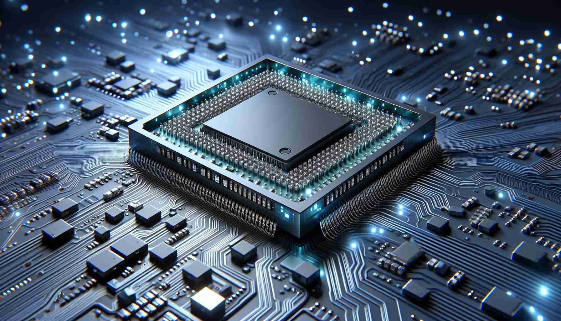 A high-definition, realistic image demonstrating the latest innovations in consumer electronics chipsets, with a particular focus on revolutionary developments in the realm of technology similar to that of a world-renowned fruit-named technology company. Please include a close-up view of the intricate circuitry and potentially any novel features that these chipsets might boast.