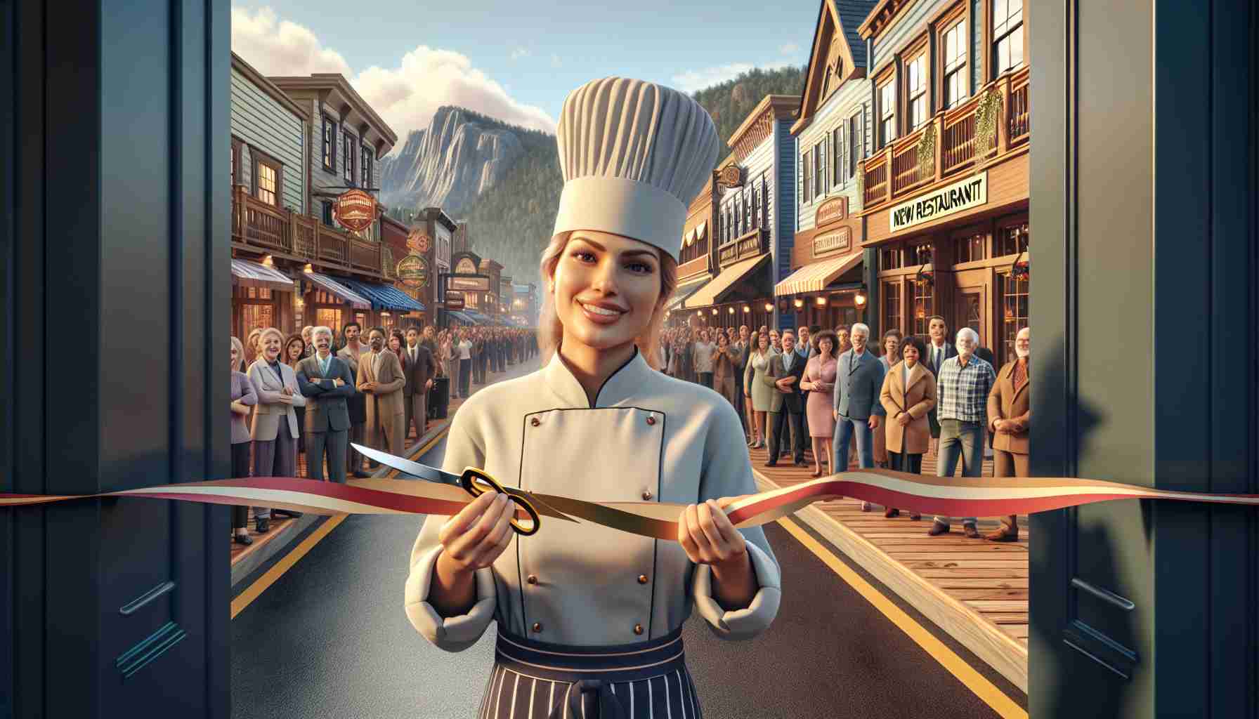 A high-definition image showcasing a charismatic, talented, and famous chef, known for their innovative culinary skills, opening a brand new restaurant in Gatlinburg. The chef is of Middle-Eastern descent and female. The scene showcases her holding the ribbon just about to be cut in front of the eatery. The new restaurant is nestled in a picturesque mountain town with buildings of various shapes and sizes lining the street it on. People in the background show excitement and anticipation, drawn from far and wide due to the chef's reputation.