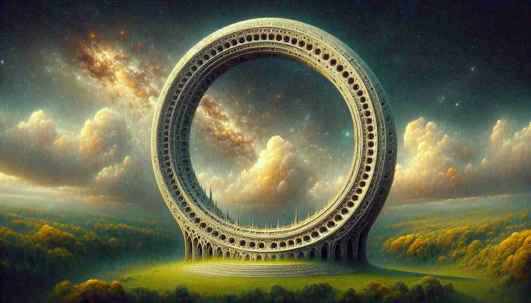 Generate a hyper-realistic, high-definition image of a significant structure named 'The Ring of Unity'. It should be a spectacular, circular monument with intricate architecture, surrounded by a serene landscape with lush greenery and poised under a sky filled with specks of white clouds.