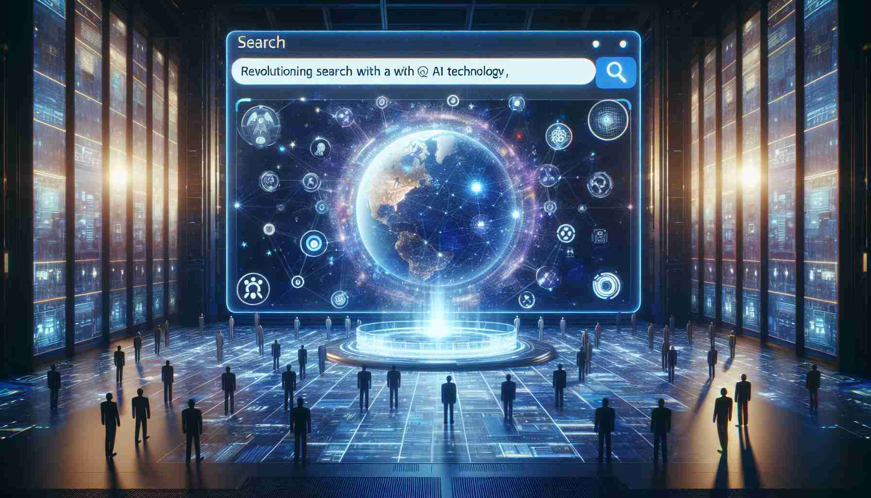 Conceptual depiction of a fictional tech company revolutionizing search with AI technology. Display a futuristic scene where a high-resolution holographic interface showcasing powerful search algorithm working over global internet network is projected. It demonstrates how artificial intelligence and machine learning technologies are intertwined with online search.