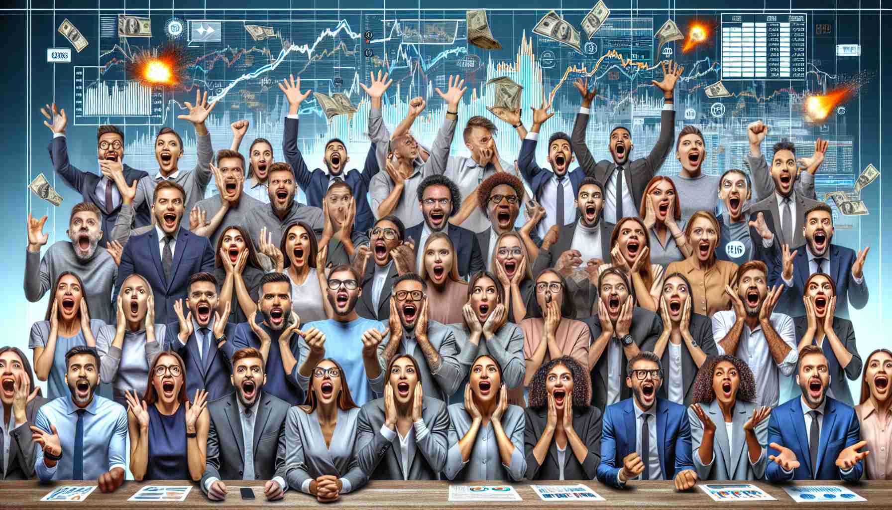 Generate a realistic, high-definition image depicting a diverse group of individuals having various reactions to technology company earnings results. The image should showcase a range of emotions, from excitement to disappointment, and could include elements such as stock charts, corporate logos, or news headlines.