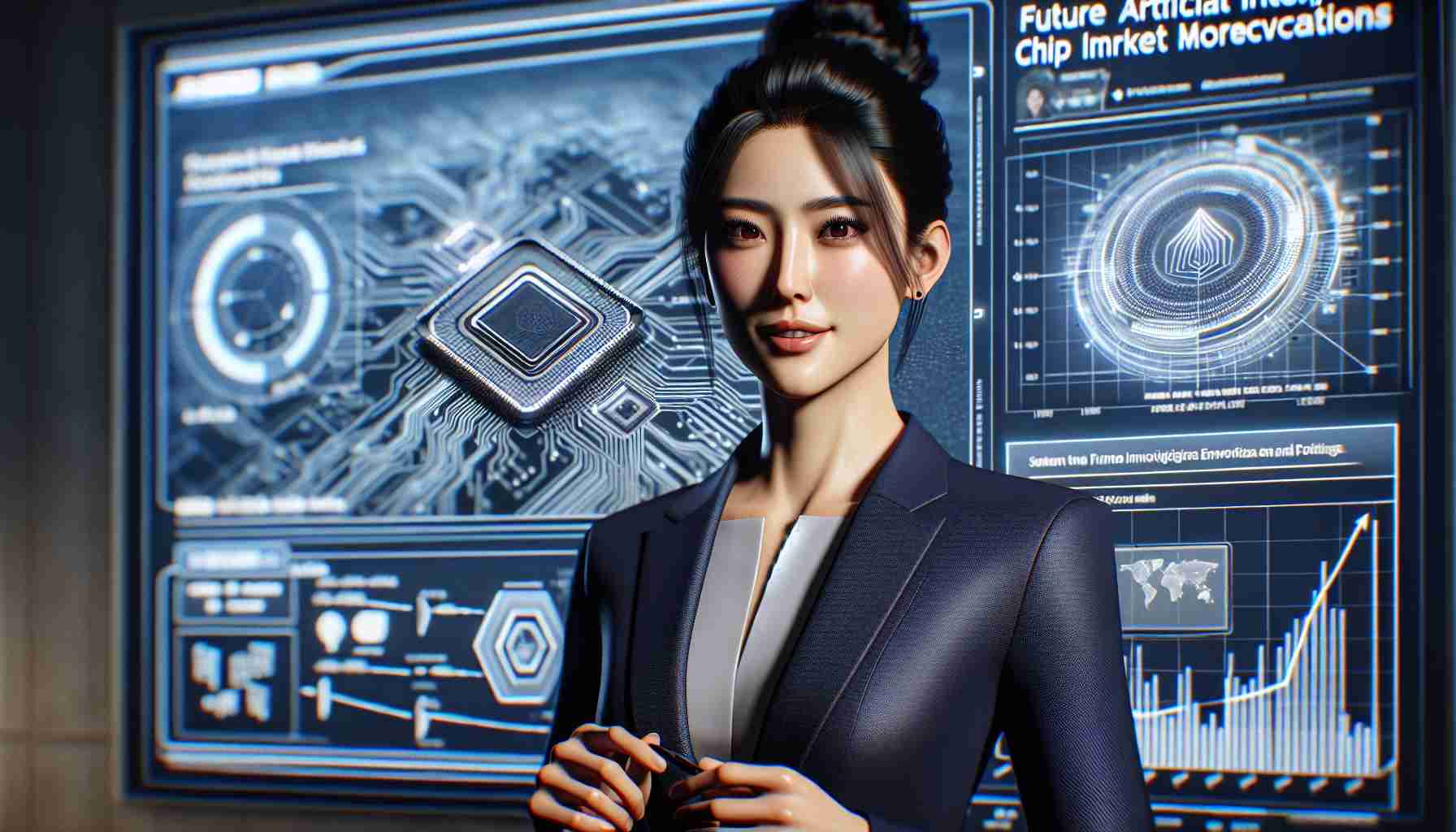 A high-definition, realistic image of a charismatic, professional female business executive. She is of Asian descent, with dark hair tied in a neat bun, smartly dressed in a business suit. She is giving a presentation on future artificial intelligence chip innovations and market projections. The scene includes a projector displaying complex figures and charts related to the market projections for the technology.