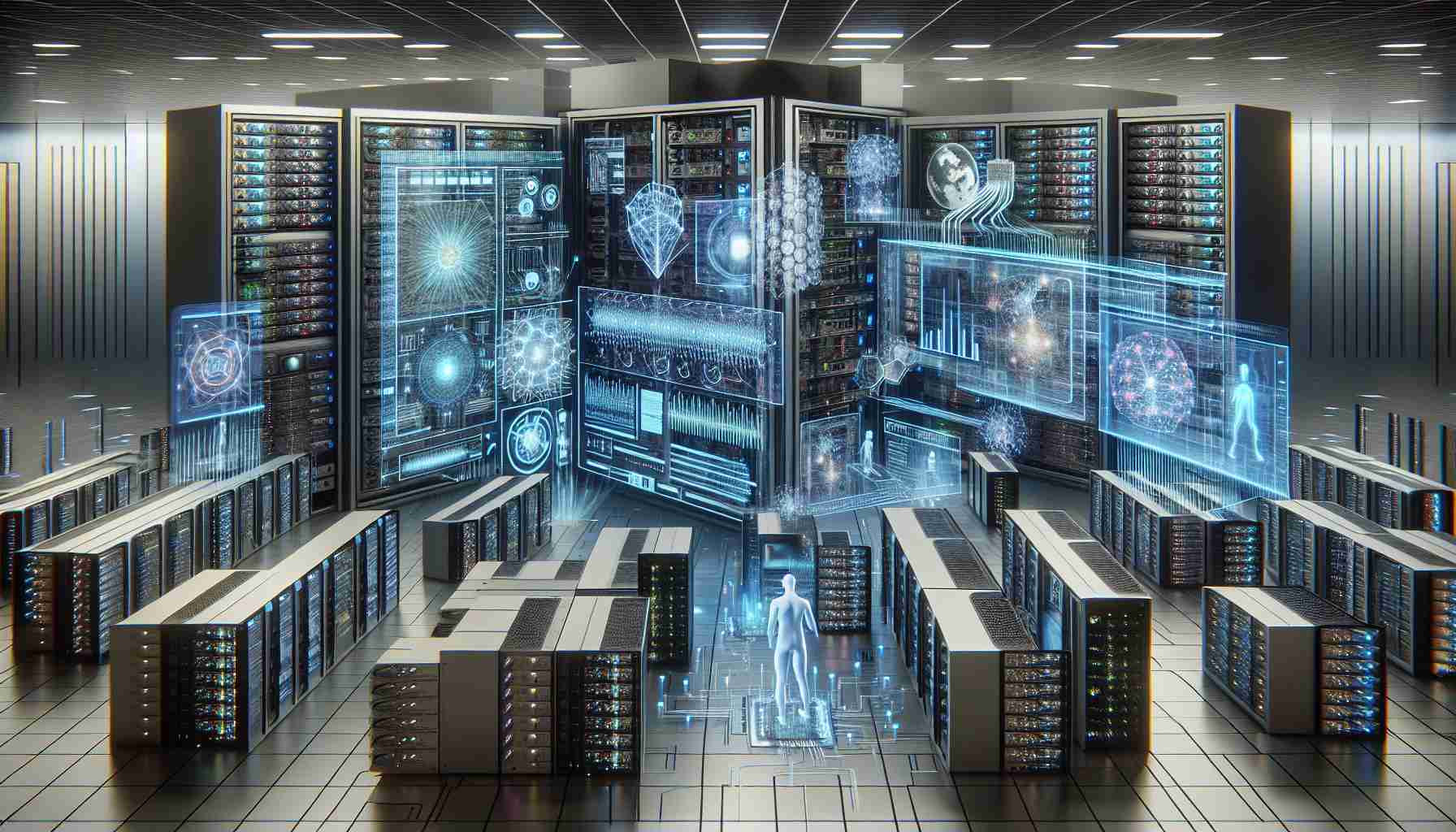 A high-definition, realistic image showcasing the advancements in artificial intelligence. Depict a large, complex series of interconnected computer servers, accompanied by graphic illustrations or holographic displays showcasing machine learning algorithms, neural network diagrams, and AI-powered systems. It can also depict humans using advanced technology such as virtual headsets or interacting with holographic interfaces. The scene should create a sense of innovation, progress, and technological breakthrough.