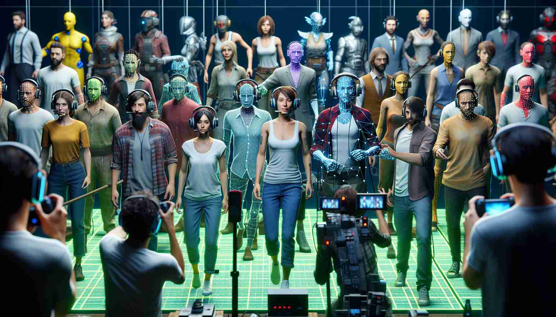 High-definition image of people adjusting their roles to the dramatic changes in the gaming industry. The people are of diverse genders and descents. They could be seen practicing and performing simulations for various video game genres, displaying a wide array of emotions and expressions. The picture highlights the evolution and sophistication of motion capture technology, revealing how actors are directly interacting with elements of the digital world as if they were real, ultimately reflecting the industry-wide overhaul.