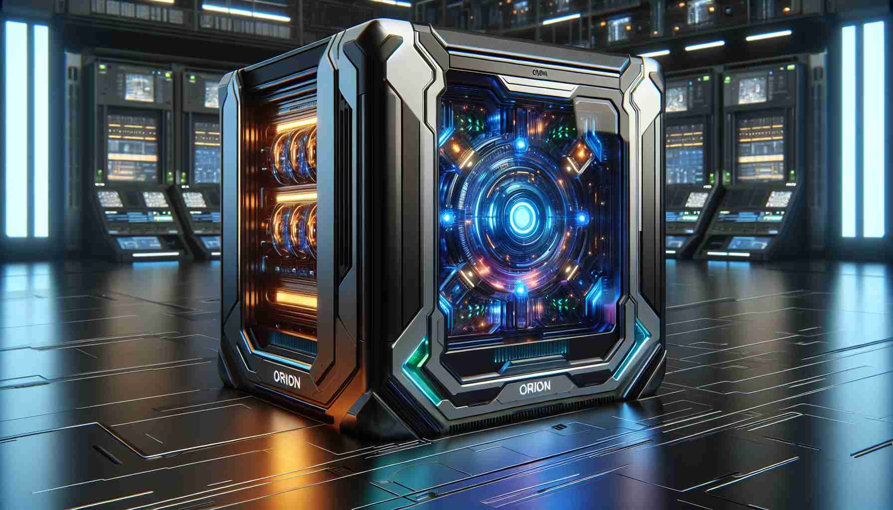 High-definition, realistic image of a futuristic artificial intelligence unit labeled 'Orion'. The unit, houses in a sleek casing with futuristic design details, illuminates with vibrant colors signifying processing information. The background conveys an advance lab setting with arrays of complex equipment, implying the unit's role in revolutionizing the technology industry.