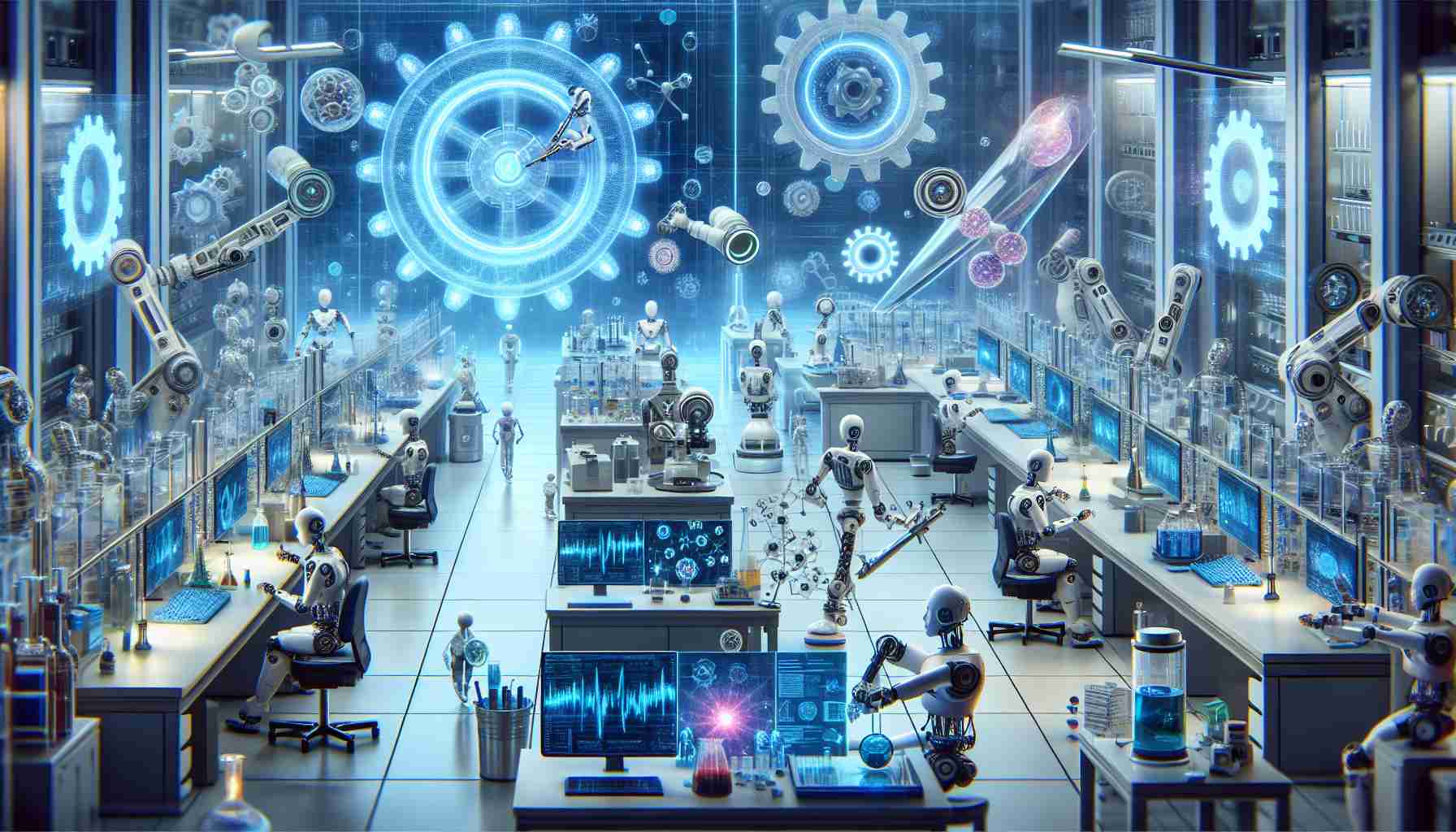 An ultra high-definition, realistic image showcasing the revolution of scientific discovery through autonomous research. The scene includes a variety of advanced AI-powered equipments and robots autonomously carrying out complex experiments inside a state-of-the-art laboratory. The robots are working on myriad tasks in a carefully orchestrated manner: some are studying molecules under a microscope, others are analyzing complex charts and graphs on futuristic holographic display panels, and a few are conducting ground-breaking research on a gene-editing process. To emphasize the revolutionary aspect, a symbolic wheel of innovation with gear-like structures could be present in the background.