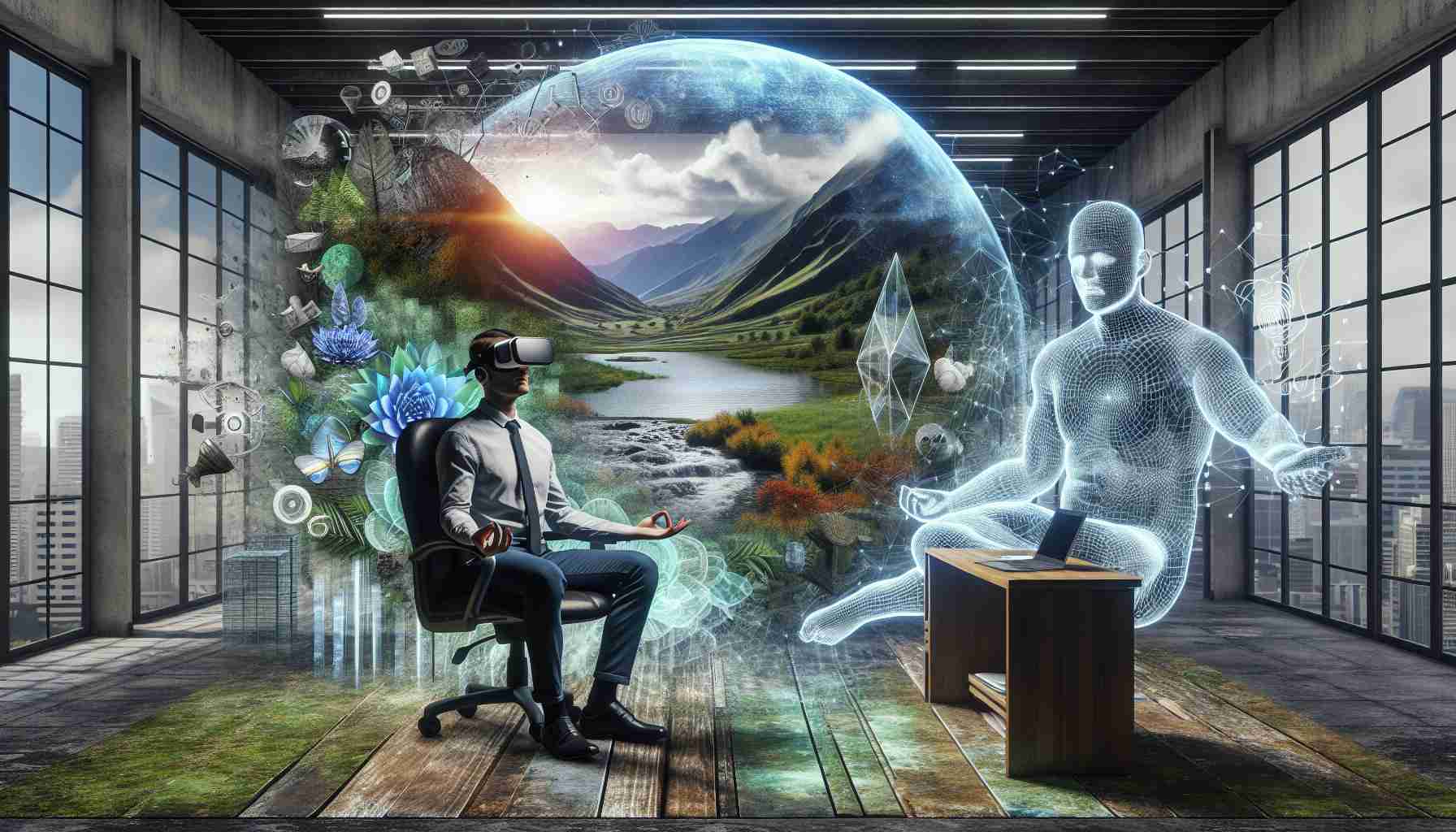 Detailed and high-resolution image of a scene that metaphorically depicts the influence of virtual reality on mental health. It can feature a human from a South Asian descent, male, sitting on an office chair, surrounded by holographic projections of serene natural landscapes which are coming from a VR headset that he is wearing. Also integrate symbolisms of tranquility such as peaceful facial expression and calm body posture while simultaneously contrasting it with a stressful background symbolizing the real physical world, like a chaotic office or loud urban setting.