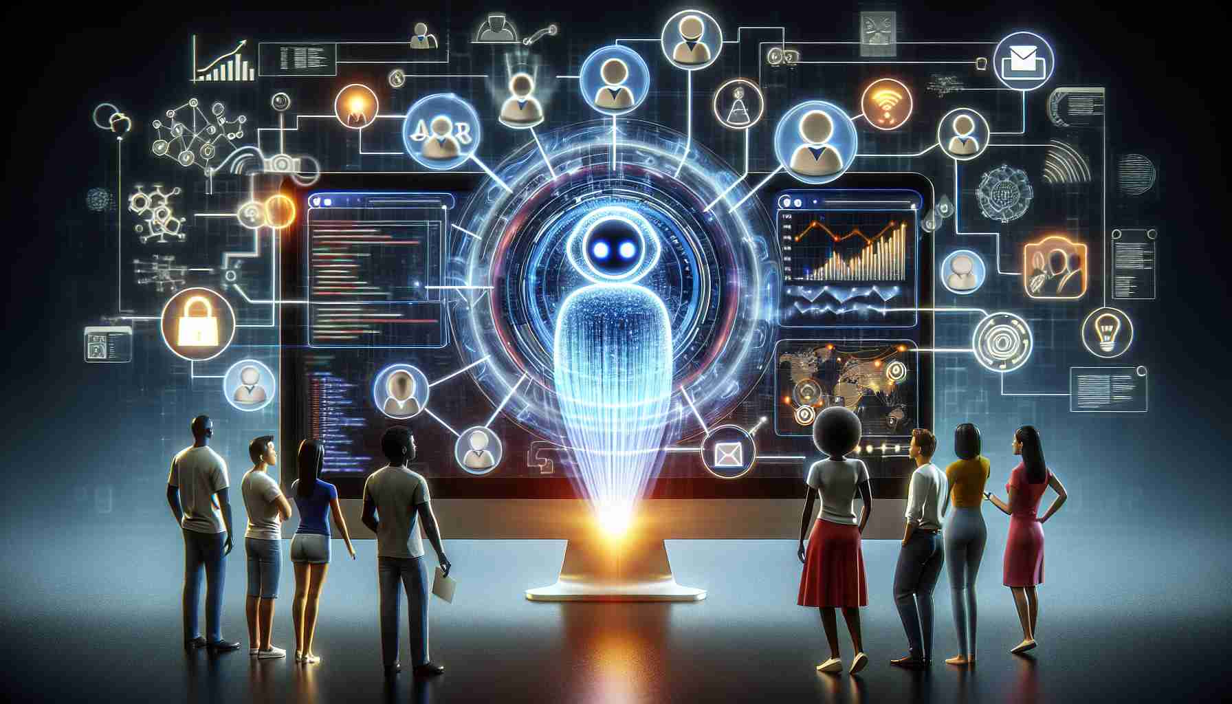 A detailed and high-definition image showcasing the revolution of online task automation with artificial intelligence assistants. The scene could include a software interface on a computer screen, brimming with icons representing various automated tasks. Central to the image is an AI assistant, symbolized by a glowing sphere or hologram emitting lines of code. Around, there could be diverse people represented as users, for instance, a Black woman and a Hispanic man, both engaging with the interface, expressing fascination. The background could include flowcharts, graphs, and data points symbolizing the analytics and efficiency brought about through the AI-driven automation.