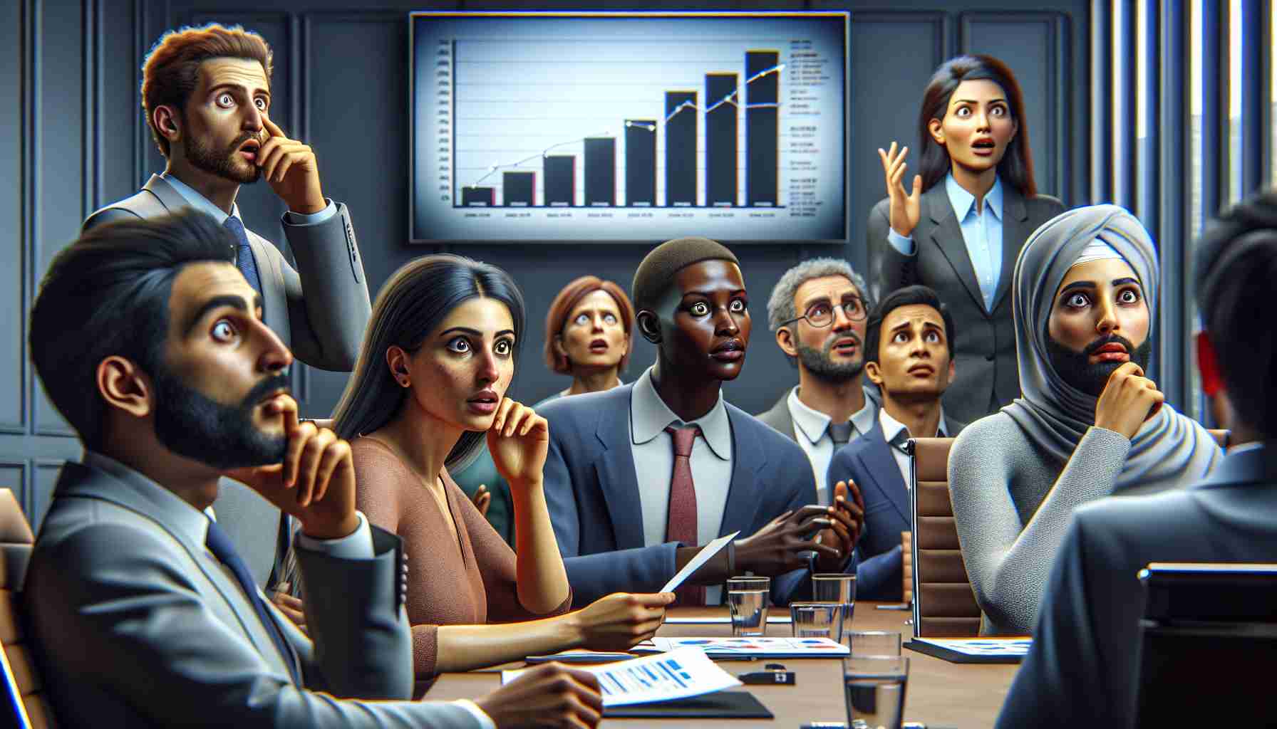 A high-definition, realistic image featuring a diverse group of investors reacting differently in a meeting room. The context is a session where recent spending strategies from big tech companies are being discussed. In one corner of the room, a Middle-Eastern woman is visually surprised, her eyes wide open as she gazes at the digital screen displaying a bar graph. Another investor, an African man, seems calm and unmoved, pensively studying a document in his hand. Next to him, a South-Asian woman looks perplexed, her eyebrows furrowed, deep in thought while an Eastern-Asian man appears elated, his gestures showing excitement.