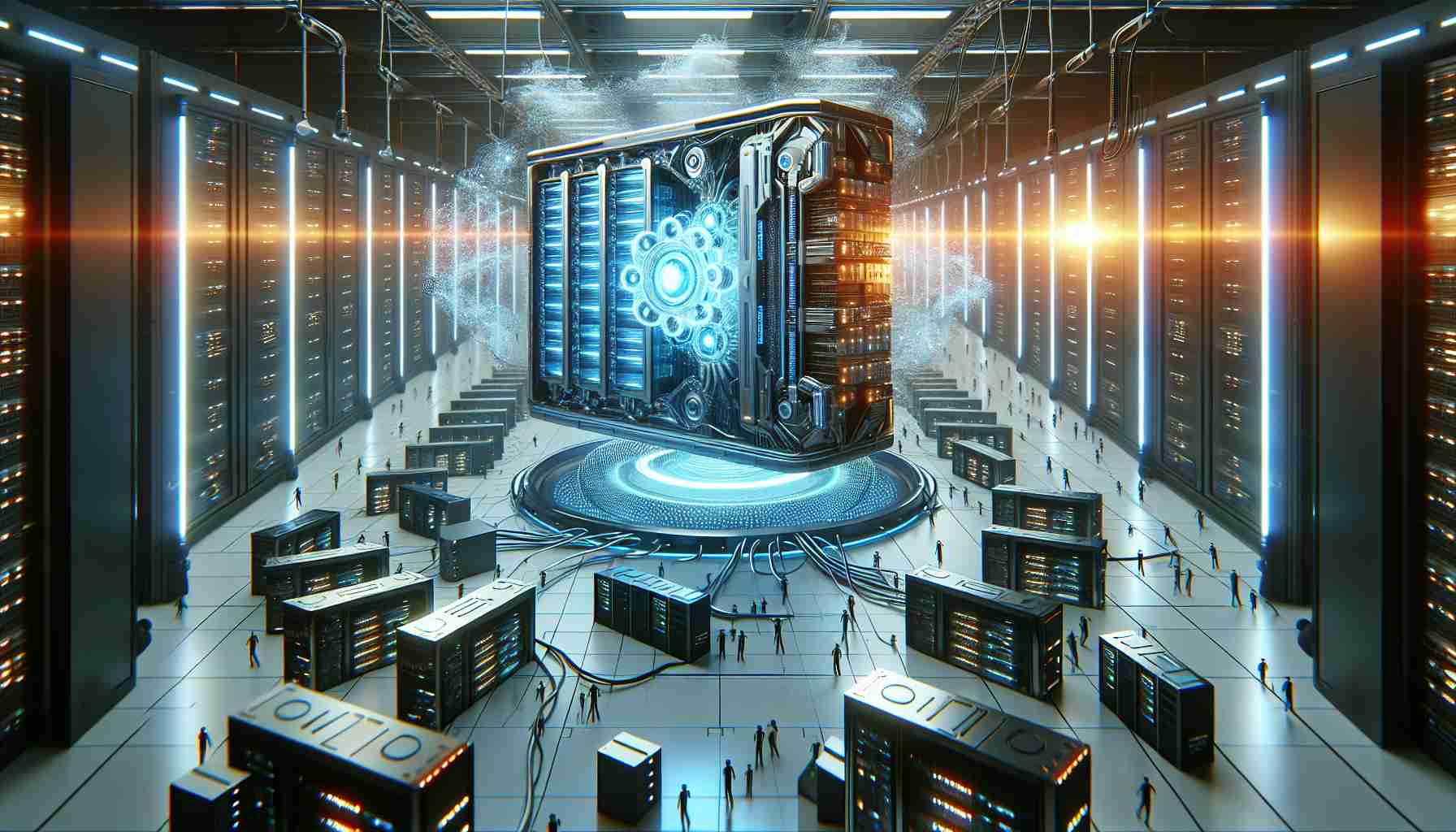 A high-definition, realistic illustration of a futuristic event where novel technology disrupts the data center plans of a large tech corporation. The scene features a complex, innovative device causing disruption in a large, organized data center full of servers and cables, indicating a shift in traditional tech strategies.