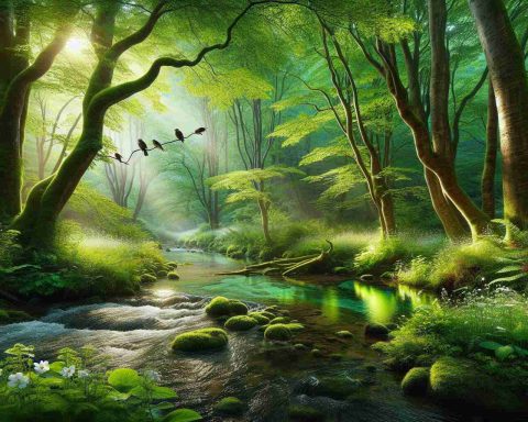 a HD, ultra-realistic picture of a tranquil forest with a crystal-clear stream gently meandering through dense green trees, dappled sunlight filtering through the leaves, feathered creatures nestling in the overhangs, and wildflowers in bloom carpeting the forest floor