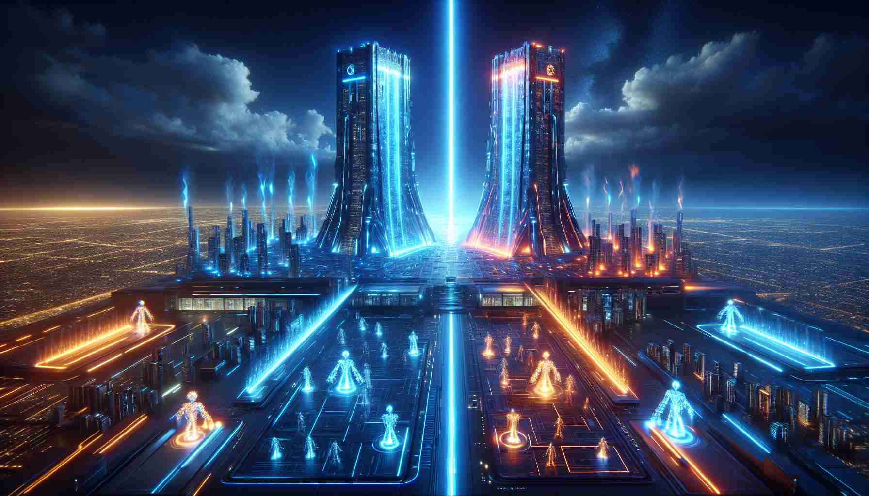 A high-definition, realistic image representing a metaphorical battle of AI technologies. Visualize two colossal, futuristic towers glowing with neon lights, separated by a large digital battlefield. One tower is enveloped in cool blue flames, symbolizing a cutting-edge AI corporation, while the other is bathed in fiery orange light, representing another leading AI firm. Overhead, digital streams across the sky symbolize information transfer. On the battlefield, miniature robotic units are at play, demonstrating AI algorithms in action. Include the text 'AI Wars: Battle for Dominance' in bold, striking font above the battle scene.