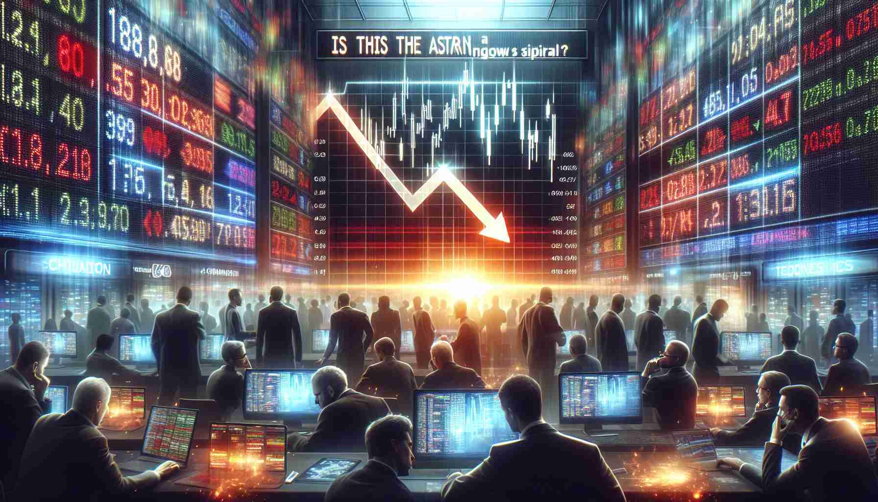 A high-definition, realistic portrayal of a stock market scene, emphasizing the sudden fall of a specific technological company’s shares represented by a down-arrow and plunging numbers. The setting is tense, with traders looking worried and stressed. Illuminate the chaos and frenzy with digital boards flashing varying colors, rapid updates, and the buzz of conversation. Include a large headline banner at the top: 'Is This the Start of a Downward Spiral?'