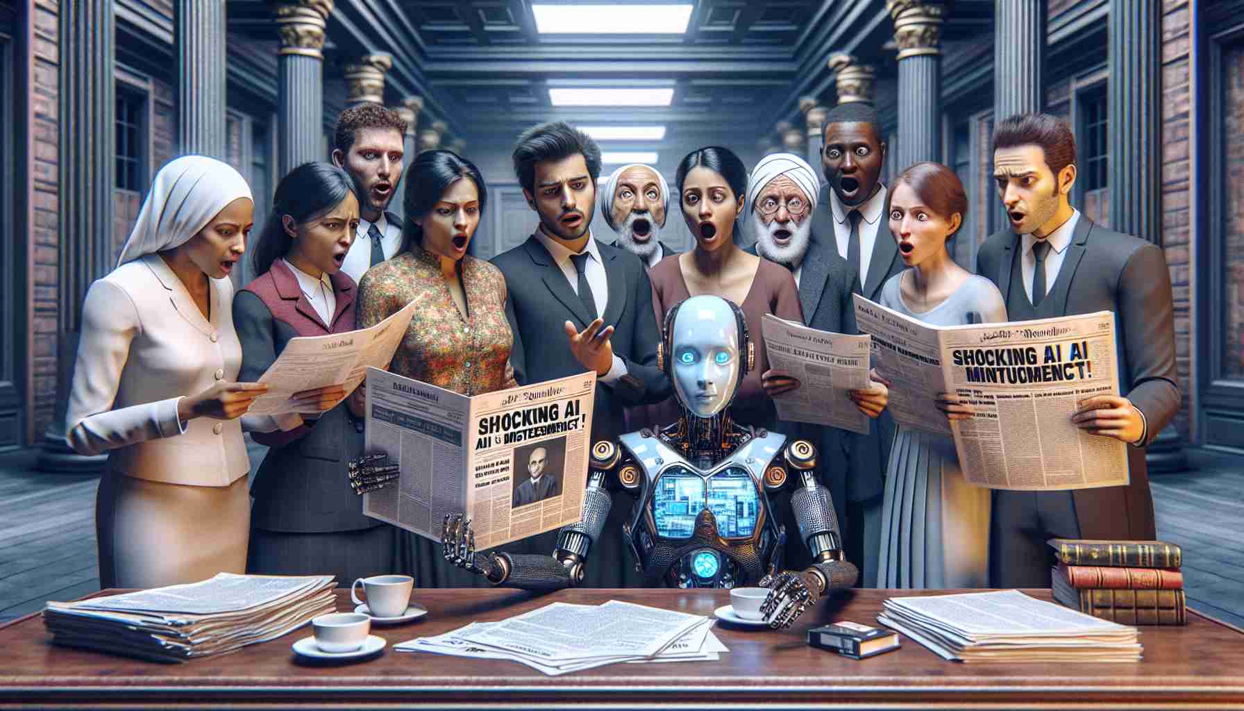 A detailed, high-resolution, hyperrealistic image representing the concept of families taking legal action due to scandalous artificial intelligence misconduct. The image captures a scene wherein a diverse group of people including a Middle Eastern woman, a Hispanic man, a South Asian woman, a Black man, and a White woman are gathered in a formal legal environment. They display emotions of astonishment and determination, holding legal documents and engaging earnestly with an AI represented as a sophisticated, semi-transparent robot. The headlines of the newspapers on a nearby table read 'Shocking AI Misconduct!'