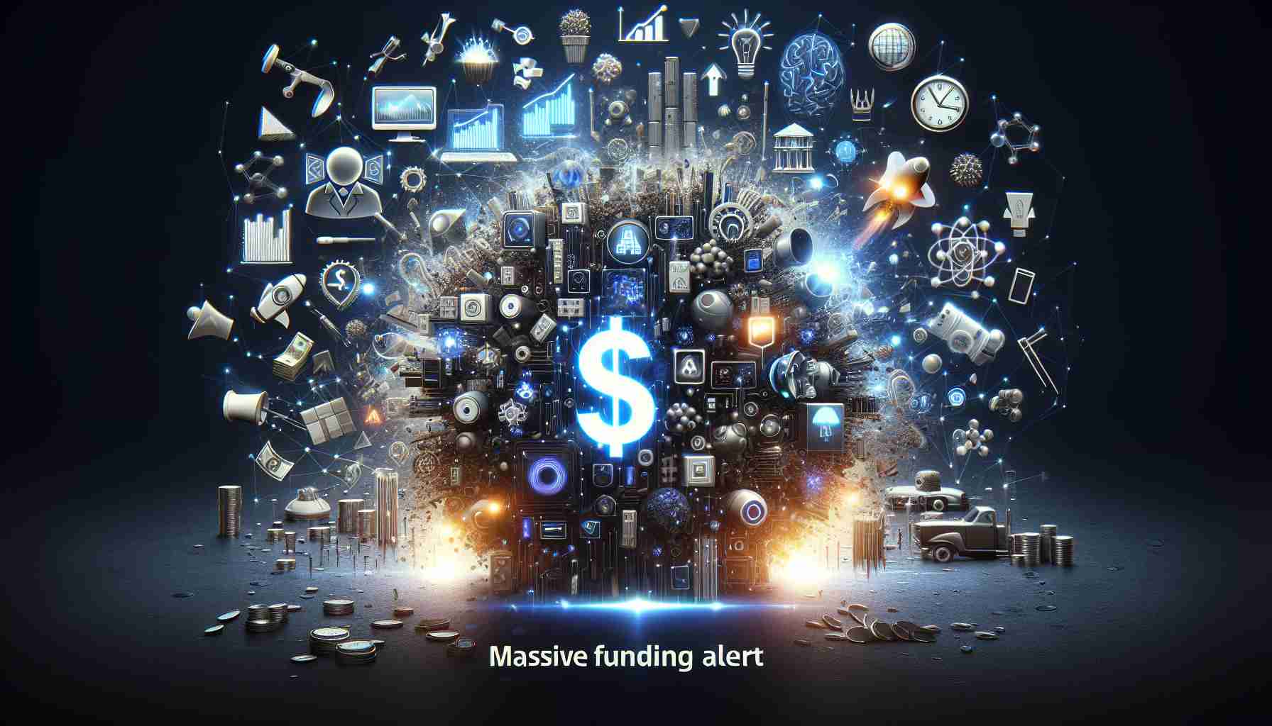 Create a realistic high-definition image that signifies a massive funding alert. It should depict an AI startup that shatters expectations. Be sure to include symbols or objects that represent success and innovation in the field of artificial intelligence and startup growth. Please avoid using specific company names.