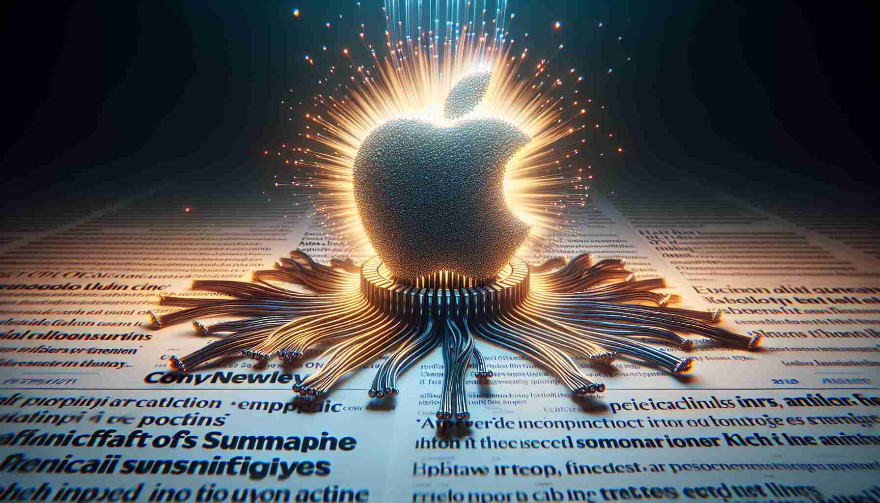 Create an immersive, high-definition image portraying the issue of Artificial Intelligence sparking controversy. The image should depict a symbolic representation of Apple's technology (without showing its logo) and a torrent of news summaries in the background. These summaries should exude a sense of inaccuracy and cause for serious concern.