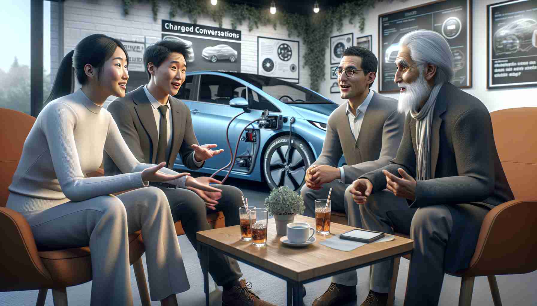 Realistic high-definition image depicting the concept of 'Charged Conversations: The Surprising Truth About EV (Electric Vehicles) Drivers'. The image should include scenes that may capture interactive dialogues between diverse groups of EV drivers - an Asian woman in her early 30s, a Hispanic man in his 40s, and a Middle Eastern elder man. They are all engaged in a deep and passionate conversation about their experiences and impressions driving their respective electric vehicles. Background may include aspects showing sustainable technologies, environmentally-friendly infrastructure, and general attributes related to electric vehicle usage.