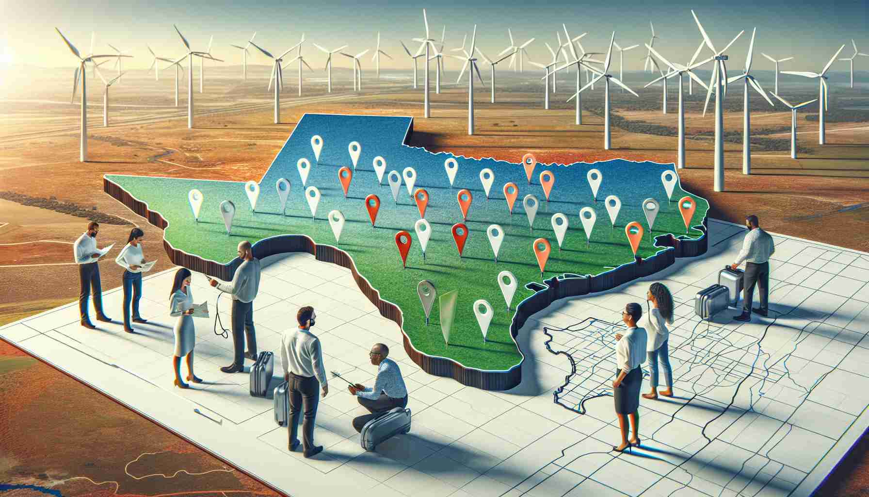 Generate a realistic, high-definition image illustrating the concept of 'Transforming Texas: Your Input Matters for EV Charging Stations'. This should include elements of the Texan landscape with windmills and other renewable energy sources. In the foreground, show diverse individuals representing different descents such as Caucasian, Black, Hispanic, and Asian, actively participating in placing pins or marks on a large map to indicate preferred locations for electric vehicle charging stations. Ensure to portray the importance of public participation in this transformational process.