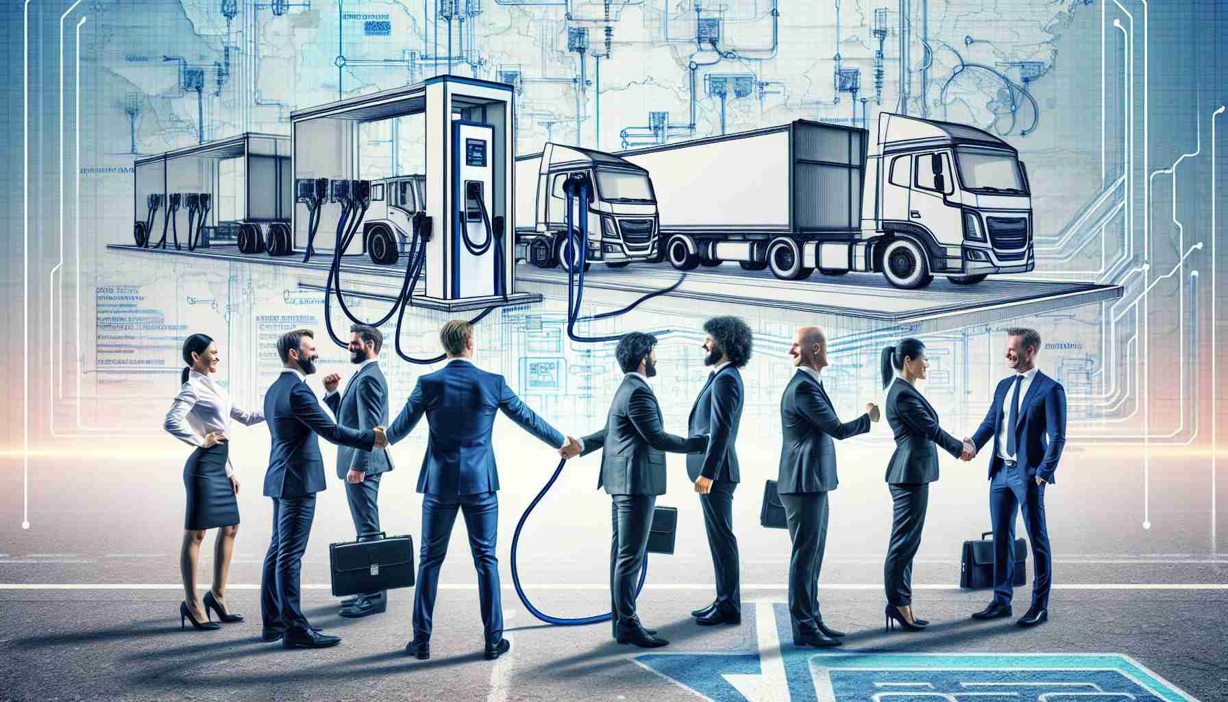 Generate a realistic HD image of a group of innovative investors (consisting of both men and women of diverse descents like Hispanic, Middle-Eastern, and South Asian) celebrating after securing $100 million for charging stations for electric trucks in Illinois. The image should depict a symbolic handshake among them, a background featuring the technological blueprint of the project, and a visible signboard that says 'Electric Truck Charging Stations'.