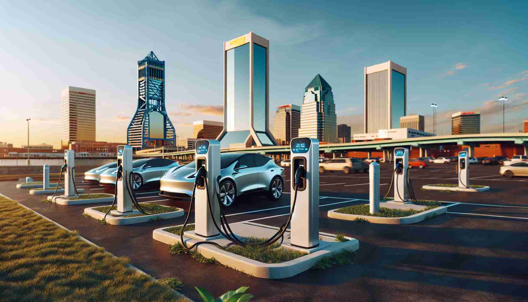 A high-definition, realistic image capturing the theme of expansion and development in the city of Jacksonville. Focus on the increasing presence of electric vehicle chargers which symbolizes the big changes coming. Display a few stations spread across a cityscape. Preferably, show different locations like shopping centers, public parks, and parking lots where these charging stations are being installed. Make sure to capture the essence of progress and sustainable technology.