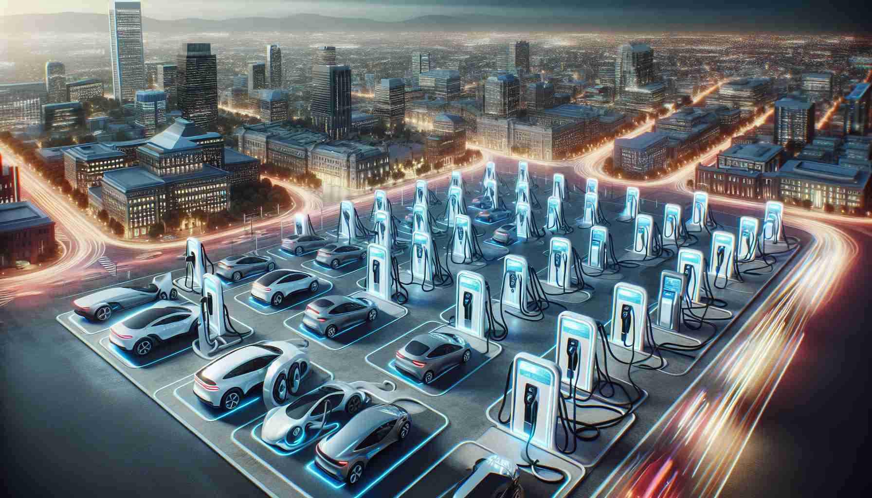 A detailed, high-definition digital image of the electrified future of Gainesville. This futuristic scene includes an array of electric vehicle charging stations generously spread across the cityscape. The stations are sleek and modern, boasting user-friendly interfaces and advanced design. Amidst the stations, numerous electric vehicles are parked, lined up for their turn to charge. This scene is dynamic, projecting a tangible sense of anticipation for the further proliferation of electric vehicles, signifying the evolution of sustainable transportation.