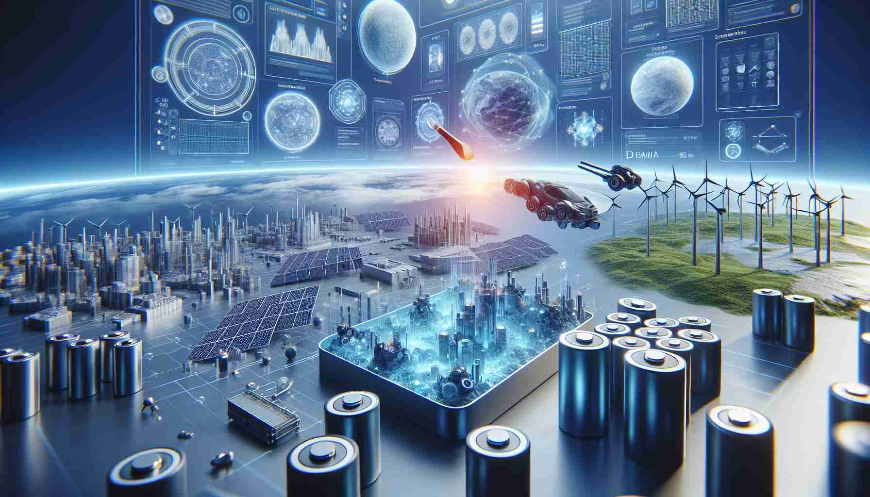 Generate a high-definition, realistic image depicting significant progress in all-solid-state battery technology. The scene could include 3D models of advanced batteries, close-ups of innovative materials used in the battery components, and visual representations of enhanced energy storage mechanisms, grid structures, and efficient energy transmission.