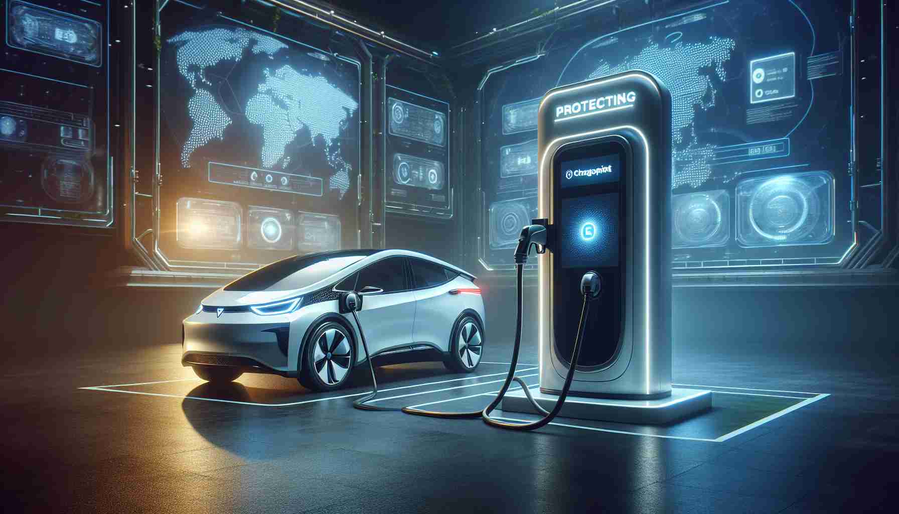 Create a high-definition, realistic image showcasing the concept of protecting an Electric Vehicle. The focus is on ChargePoint's game-changing innovations, characterised by state-of-the-art charging stations presented in a futuristic setting. Imagine a sleek, modern electric vehicle charging at a sophisticated station with an interface that reflects advanced technology and connectivity. The backdrop should denote the technology of the future.