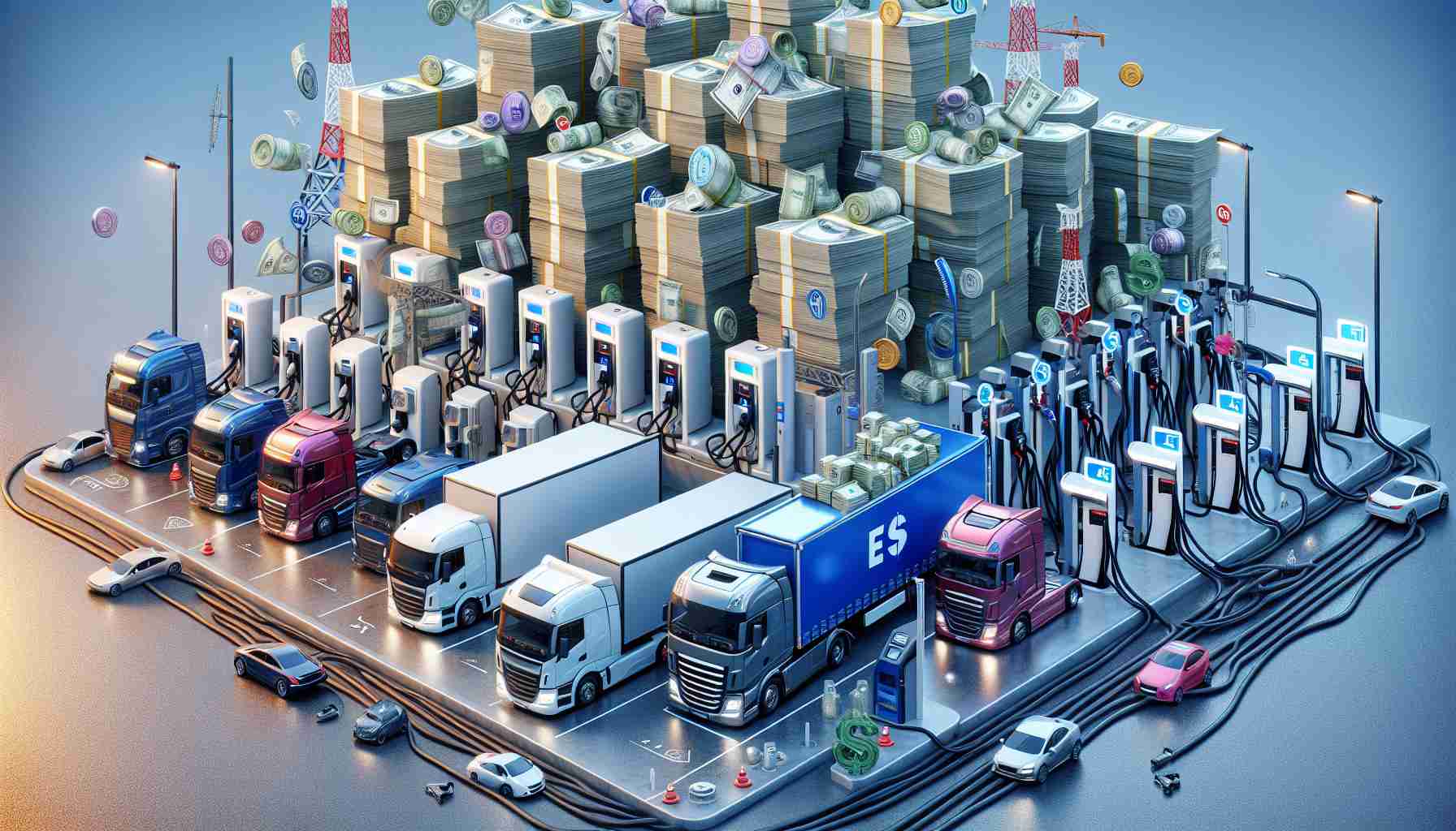 Detailed and realistic high-definition image illustrating the concept of substantial financial resources being allocated for electric truck charging infrastructure. The scene should depict large stacks of finances and various elements typically associated with such infrastructure, like charging stations. Also, imply the involvement of significant corporate entities in the scene, perhaps through logos or abstract representations, while making sure not to depict any real companies or brands.