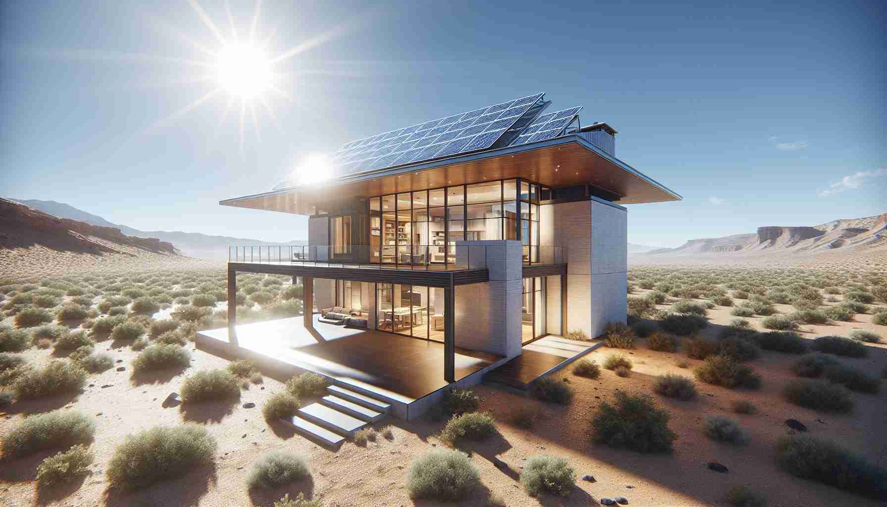 A high-definition, realistic photo of a modern home located in Nevada, bathed in bright sunshine. The house is equipped with solar panels on its roof, efficiently transforming sunlight into electricity. The environment around the house is indicative of a desert landscape, with a clear sky overhead and dry, sparse vegetation surrounding the property.