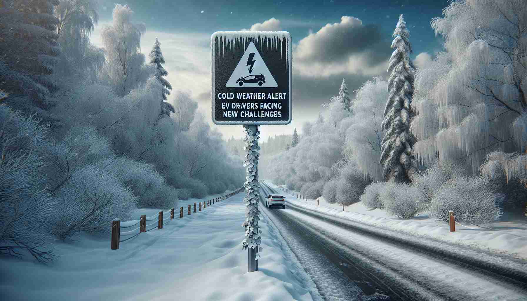 A realistic high-definition photo showing a road sign in a snowy landscape that declares 'Cold Weather Alert: EV Drivers Facing New Challenges'. The scene is filled with snow-dusted trees and a frozen road with tire tracks. The sky overhead is a frosty blue with clouds threatening more snow. The sign is visually clear and stands out against its wintered surroundings. Adapting to the setting, an electric vehicle can be seen far in the distance, slowly moving across the icy pathway, indicating the toughness of the ongoing conditions.