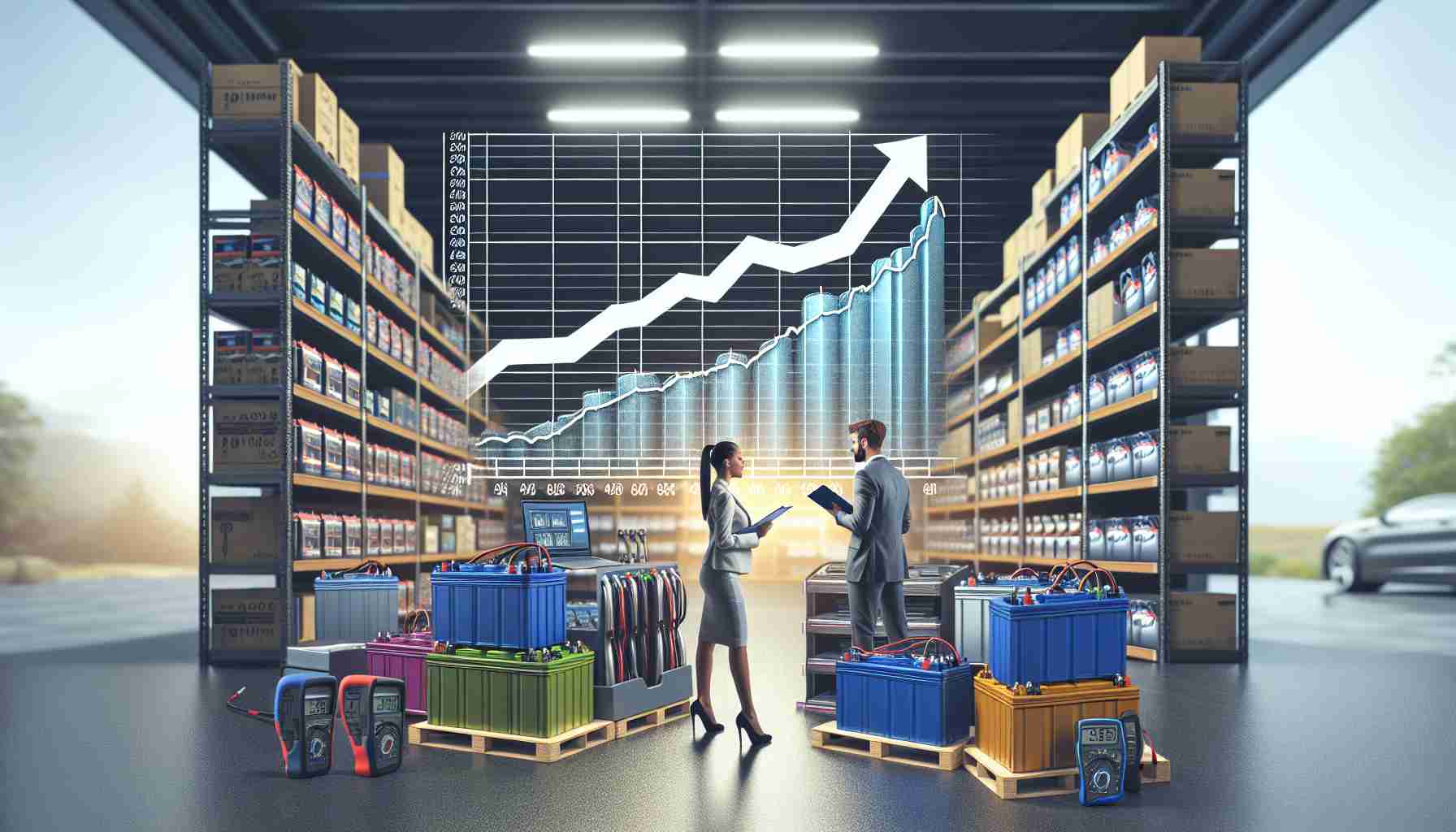 Create a highly detailed, realistic image of an electric vehicle battery testing market. Show various brands of electric car batteries stacked on shelves. There should be prospective customers, including a Hispanic woman and a Caucasian man, examining different batteries. To represent growth, include a big chart on a screen showing a steep upward trend in sales. Add test equipment, like multimeters and battery analyzers, scattered around the market. Keep the atmosphere busy and dynamic, highlighting the rising interest in electric vehicles.