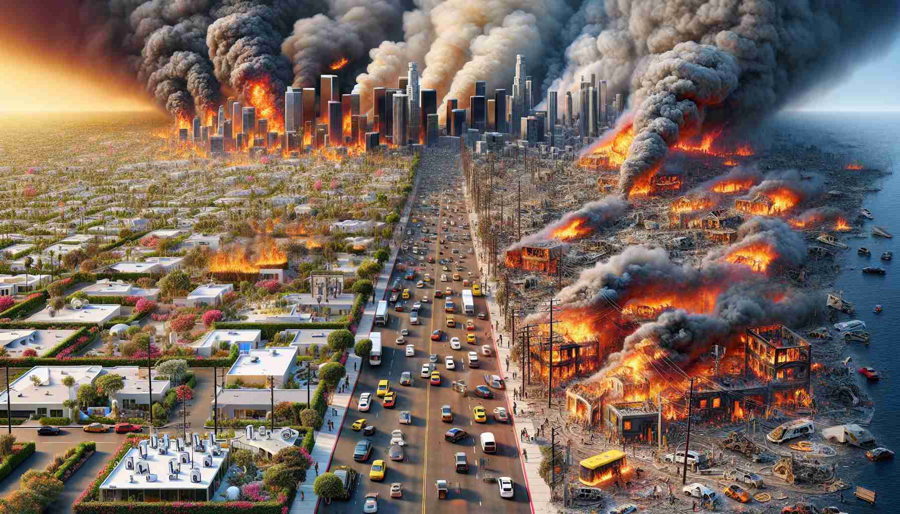 Detailed, high-definition representation of the city of Los Angeles coping with two simultaneous crises. The first one involves rampant, devastating wildfires spreading across the area, displaying bright flames and billowing smoke, impacting homes and vegetation. The second one features hazards related to electric vehicles, such as malfunctioning charging stations, power outages, and vehicles in disrepair, spread across the streets. Emphasize the panic and chaos in the environment, but also the resilience of the people dealing with these dire situations.