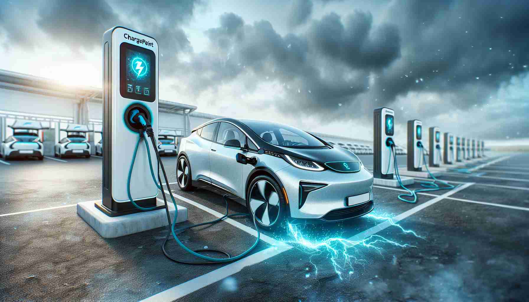 A highly detailed, realistic image showcasing the scene of an electric vehicle charging station. In the foreground, there's a modern electric car, the logo indicating it's from ChargePoint, charging up. The charging port is plugged in and blue electricity sparks are visible around it for effect. The background is filled with other charging stations, but they appear empty and somewhat neglected, signifying ChargePoint's leading position. However, the skies overhead are cloudy and tumultuous, manifesting the existing caution within this market sector.