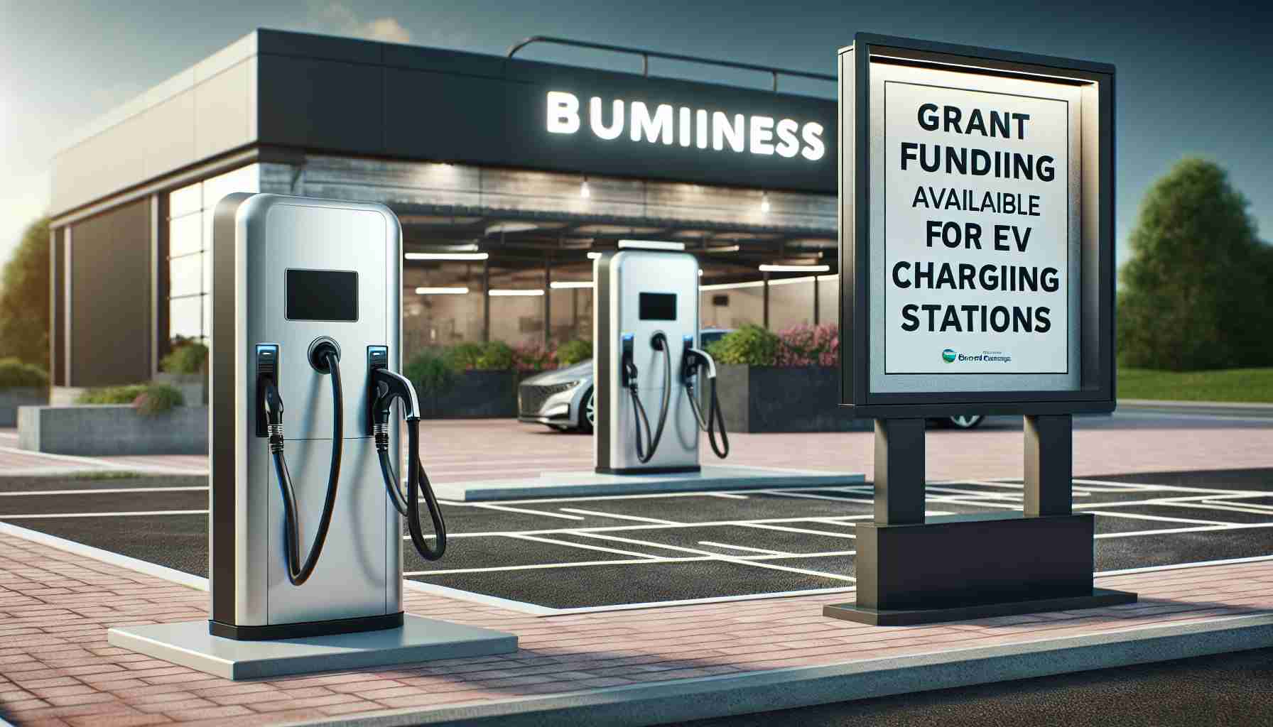 A realistic, high-definition digital image that depicts the concept of a business being prepared for the future. The scene includes a commercial setting, possibly a parking area, equipped with electric vehicle (EV) charging stations. Displayed prominently is a sign bearing the message 'Grant Funding Available for EV Charging Stations', indicating availability of financial support for implementing such environmentally-friendly infrastructure.