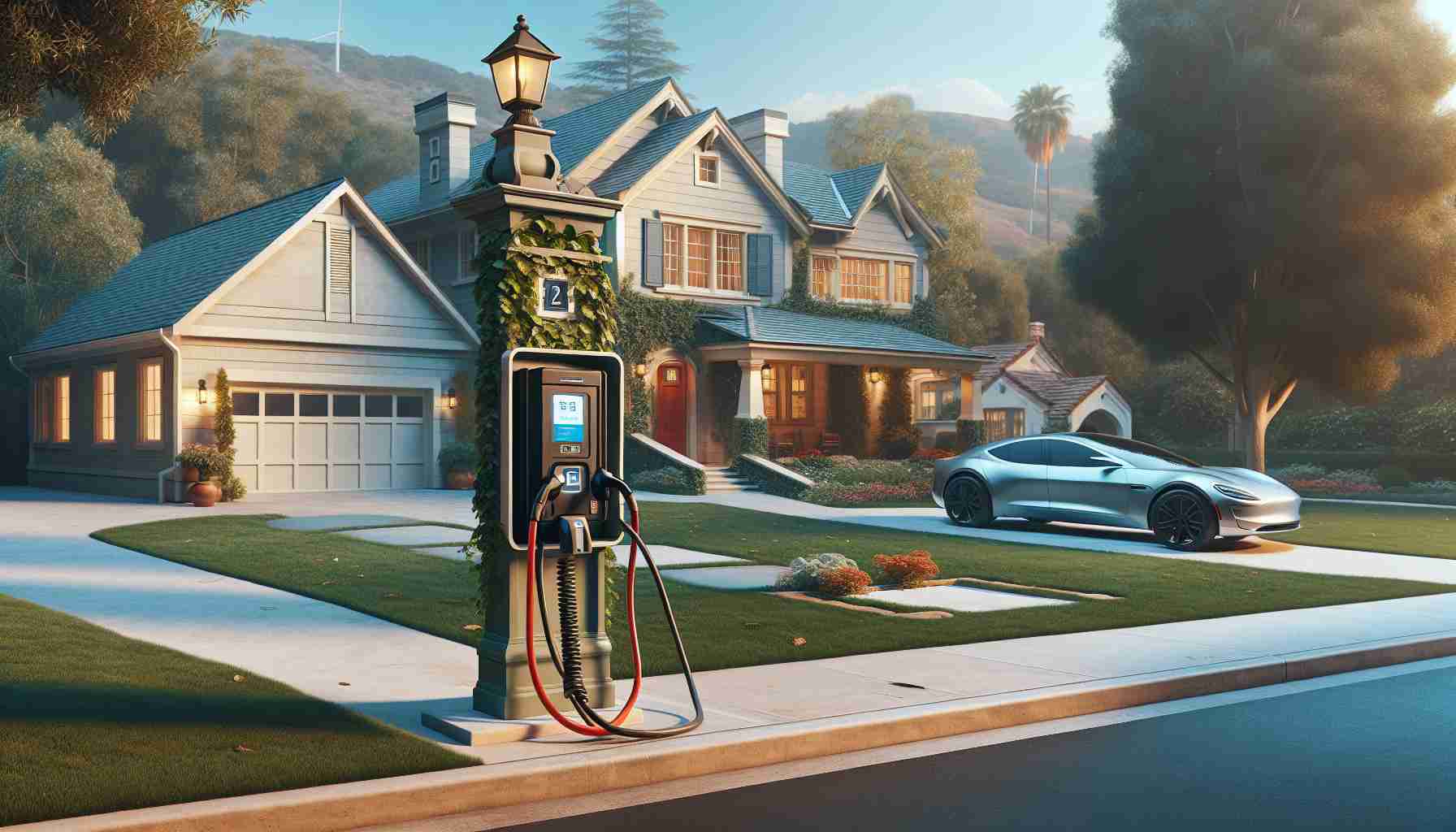 Generate a high-definition, realistic image that communicates the theme 'A Shocking Discovery: Is Your Neighborhood Charging Station Hidden?' Some elements to include could be a typical suburban scene with houses and trees, but with the surprising addition of concealed electric vehicle charging stations integrated into common structures like lamp-posts or mailboxes. The overall mood should be of surprisingly discovering the hidden functionality in familiar objects.