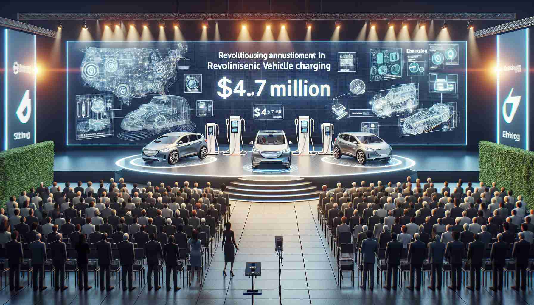 Generate a highly-detailed and realistic image depicting a successful announcement of a $43.7 million investment in revolutionising electric vehicle charging. The scene should display a variety of innovative solutions showcased on a grand stage, with diagrams and models of advanced EV charging stations. Also, include a large banner flaunting the investment amount. The audience should be filled with people of various descents and genders, all eagerly watching the presentation.