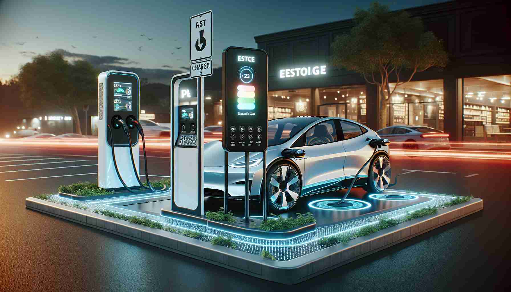 High-definition realistic photo of two innovative solutions for electric vehicle charging. It showcases the latest technology break-through in the electric vehicle charging sector. One system demonstrates a fast-charging solution, with sleek design, bright LED status indicators, and a user-friendly interface. The second system displays an innovative wireless induction charging pad, showcasing its seamless integration into the pavement and a vehicle parked atop it, illuminating the convenience of 'park and charge.' Each solution embodies the revolutionizing progress in the EV charging industry.