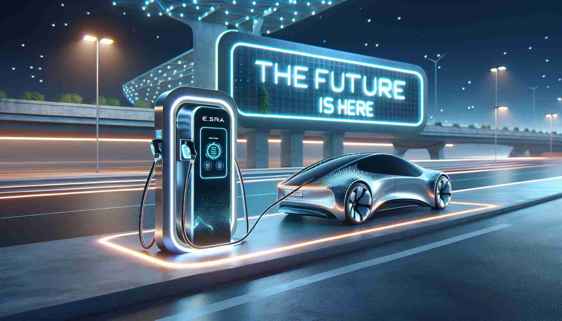 Create a high-resolution, realistic image of an advanced, cutting-edge electric vehicle charging station. The station is in an open space with a sleek, ultra-modern design, featuring glowing lights and a seamless user interface. The electric car connected to the charging station is futuristic in style with a smooth aerodynamic shape and polished surfaces. The overall scenery symbolizes progress and the technological revolution happening in electric vehicle charging. In the background, there is a billboard with neon letters spelling out 'The Future is Here', emphasizing the technological advancement and impact it holds for sustainable transport.